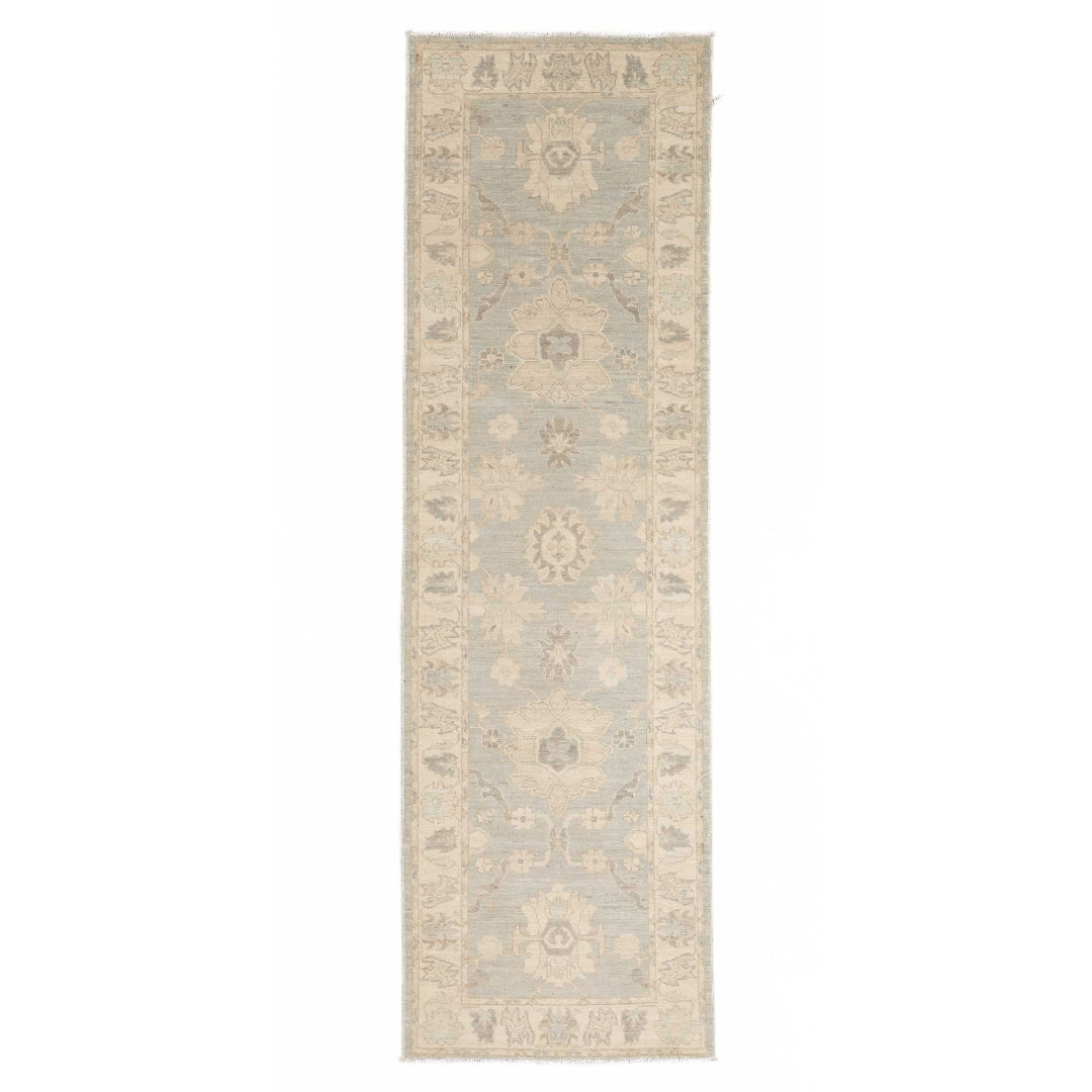 Soft light blue 2.5x10 Oushak runner rug with ivory lotus medallions, light grey accents, and a wide ivory border.