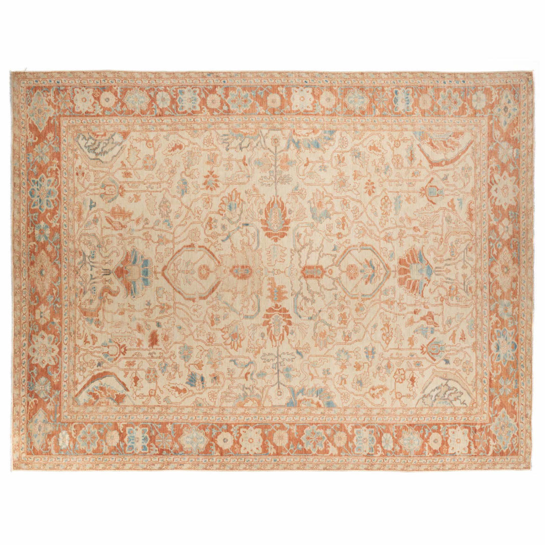 Hand-knotted 10x14 Serapi area rug with an ivory neutral field, geometric terracotta borders, and light blue accents.