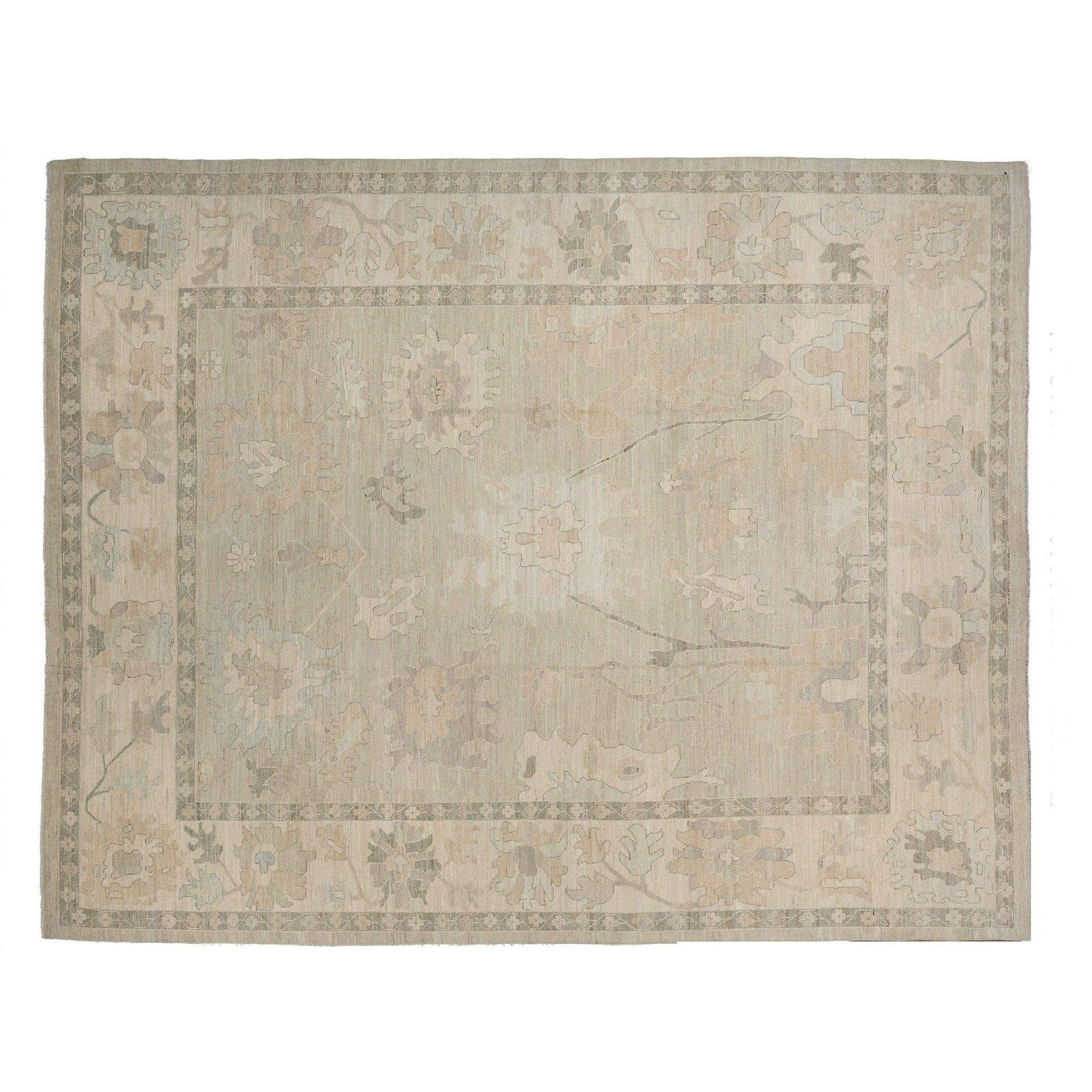Muted mushroom taupe 11x14 Oushak area rug with ivory floral palmettes and subtle blush accents.