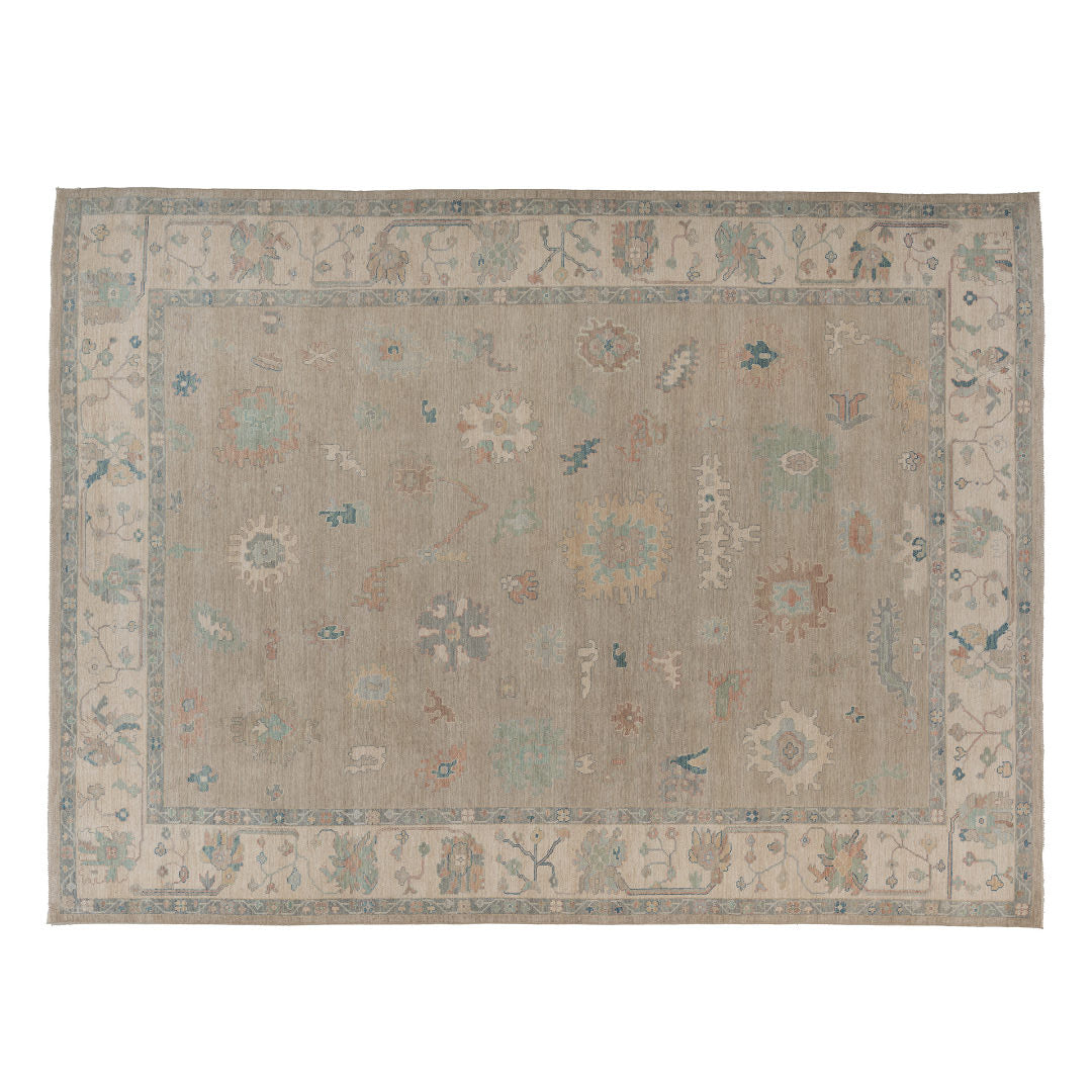 Soft mushroom brown 10x14 Oushak area rug with terracotta and ivory scattered geometric motifs.
