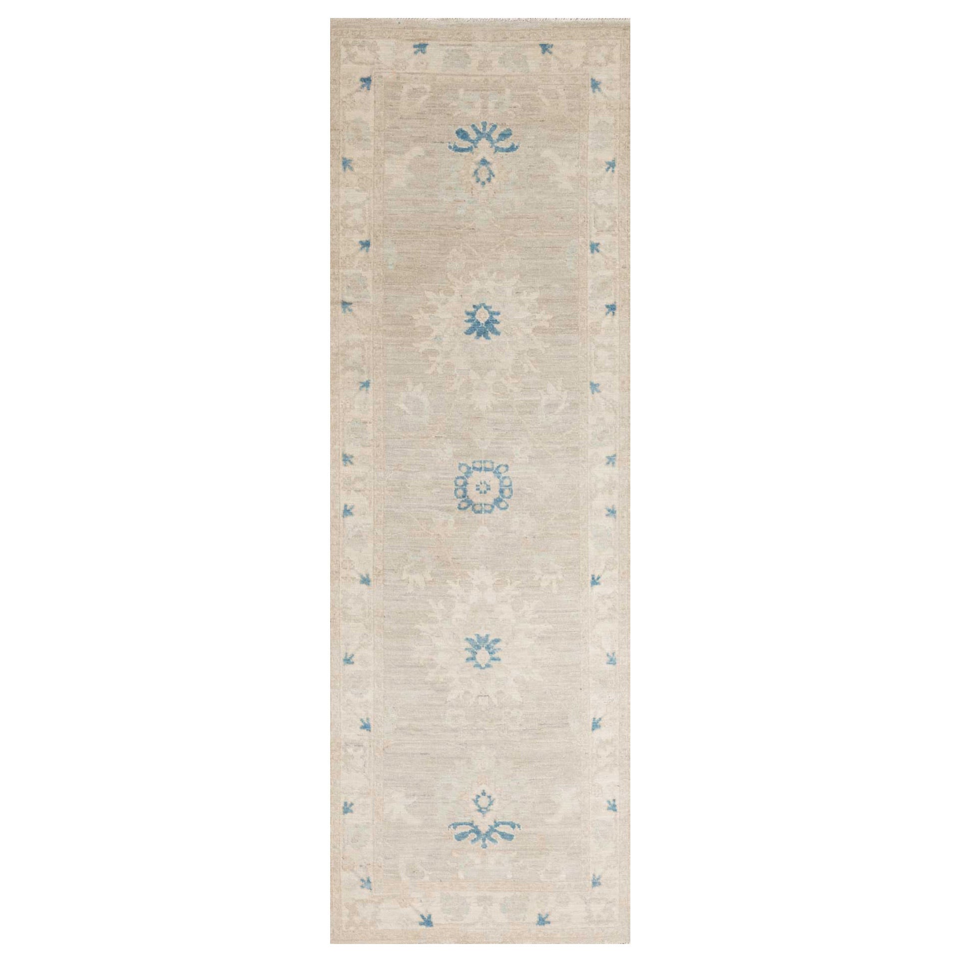 Faded beige 3x9 Oushak runner rug with cream star medallions and vibrant steel blue accents.