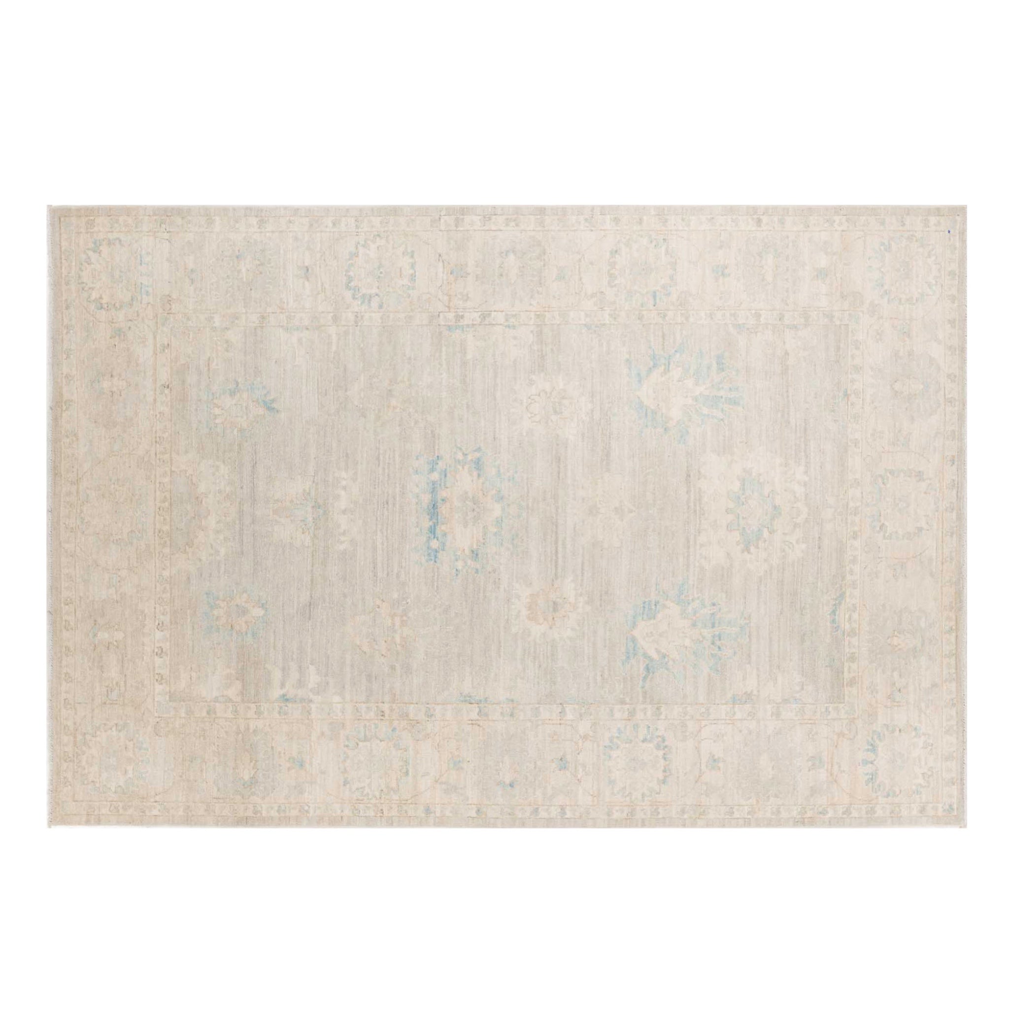 Ultra-faded khaki 6x9 Oushak area rug with soft gray undertones and subtle aqua floral accents.