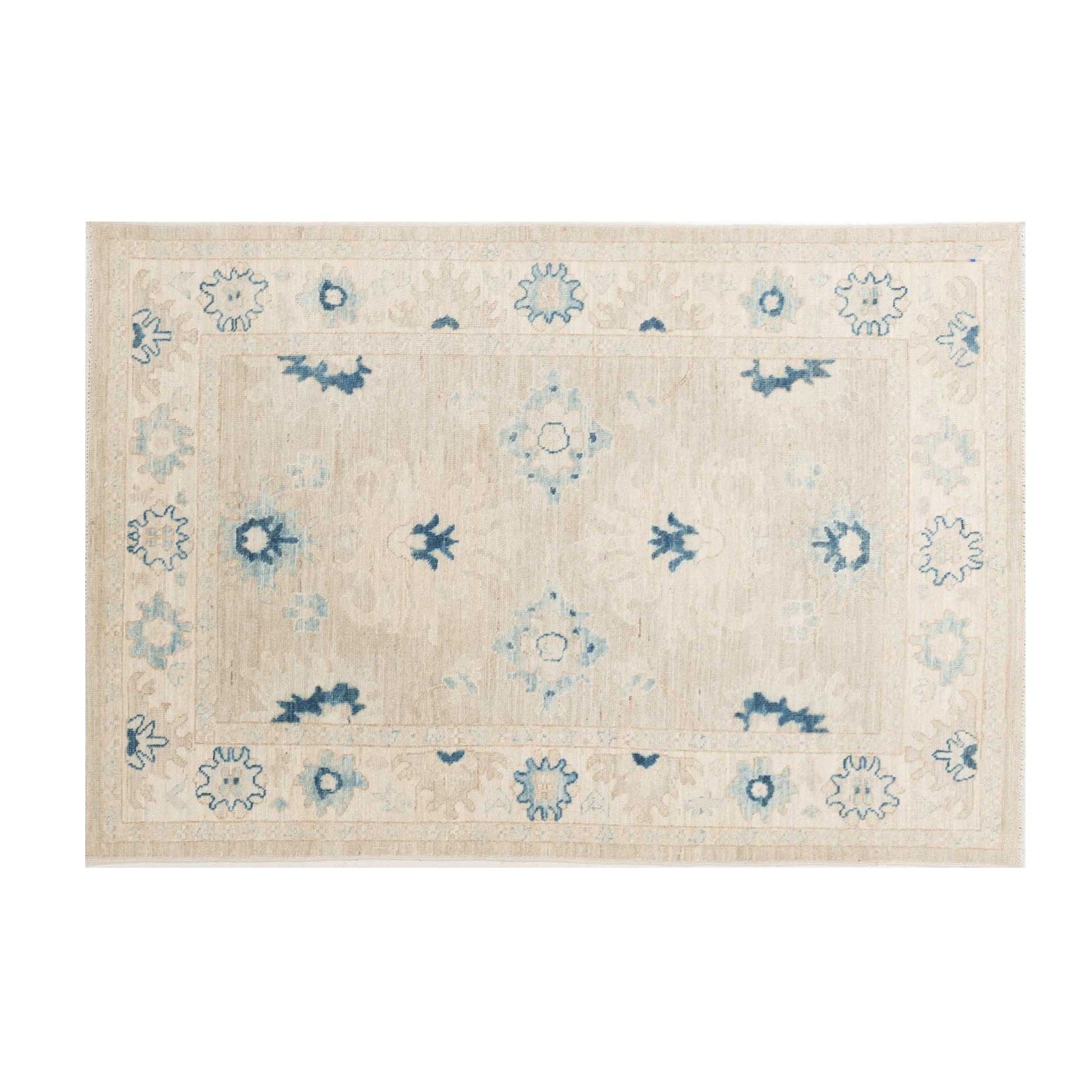 Traditional khaki 4x6 Oushak area rug with soft light blue motifs, contrasting dark blue accents, and a muted ivory border.