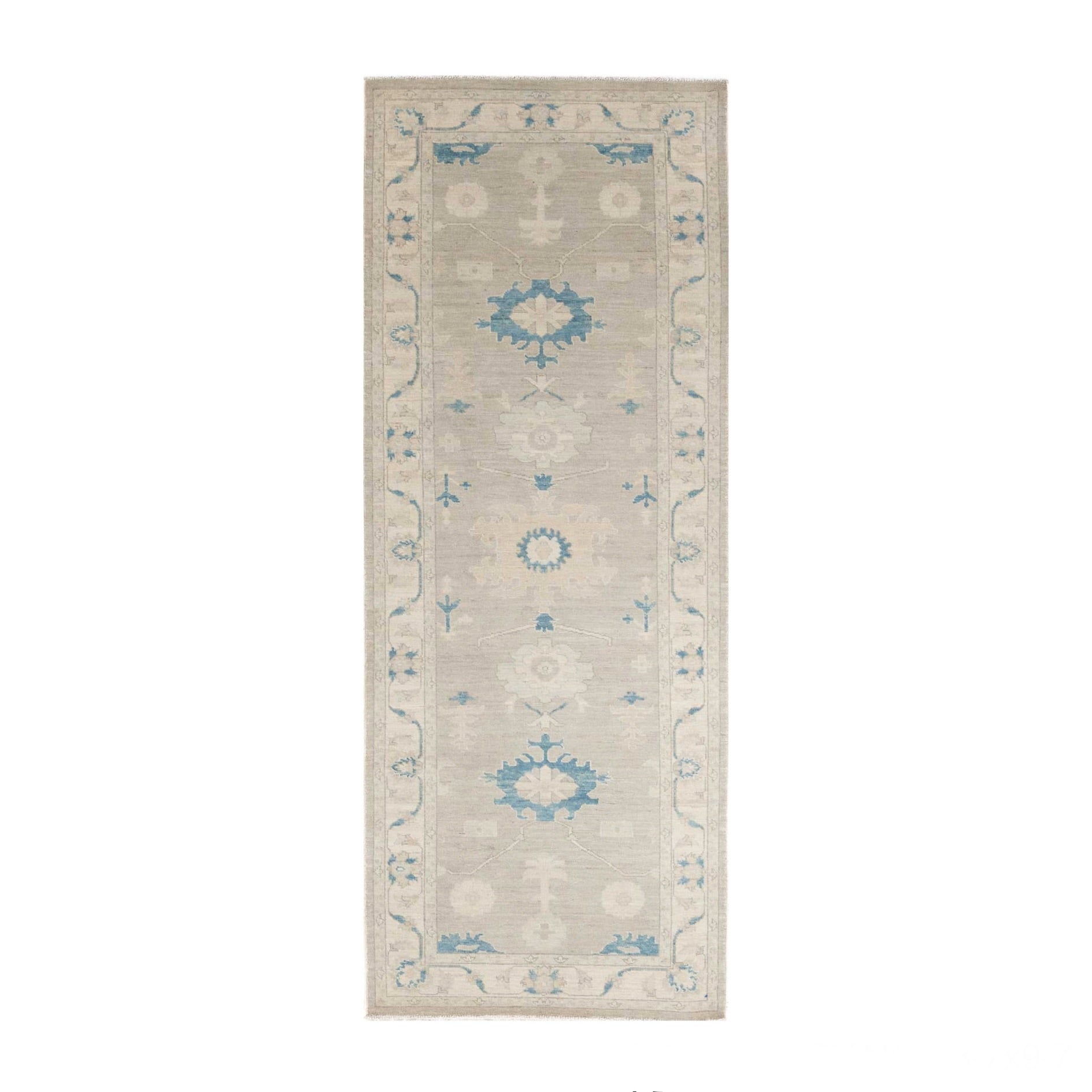 Muted greige 3x10 Oushak rug runner with cream star medallions and teal blue accents.