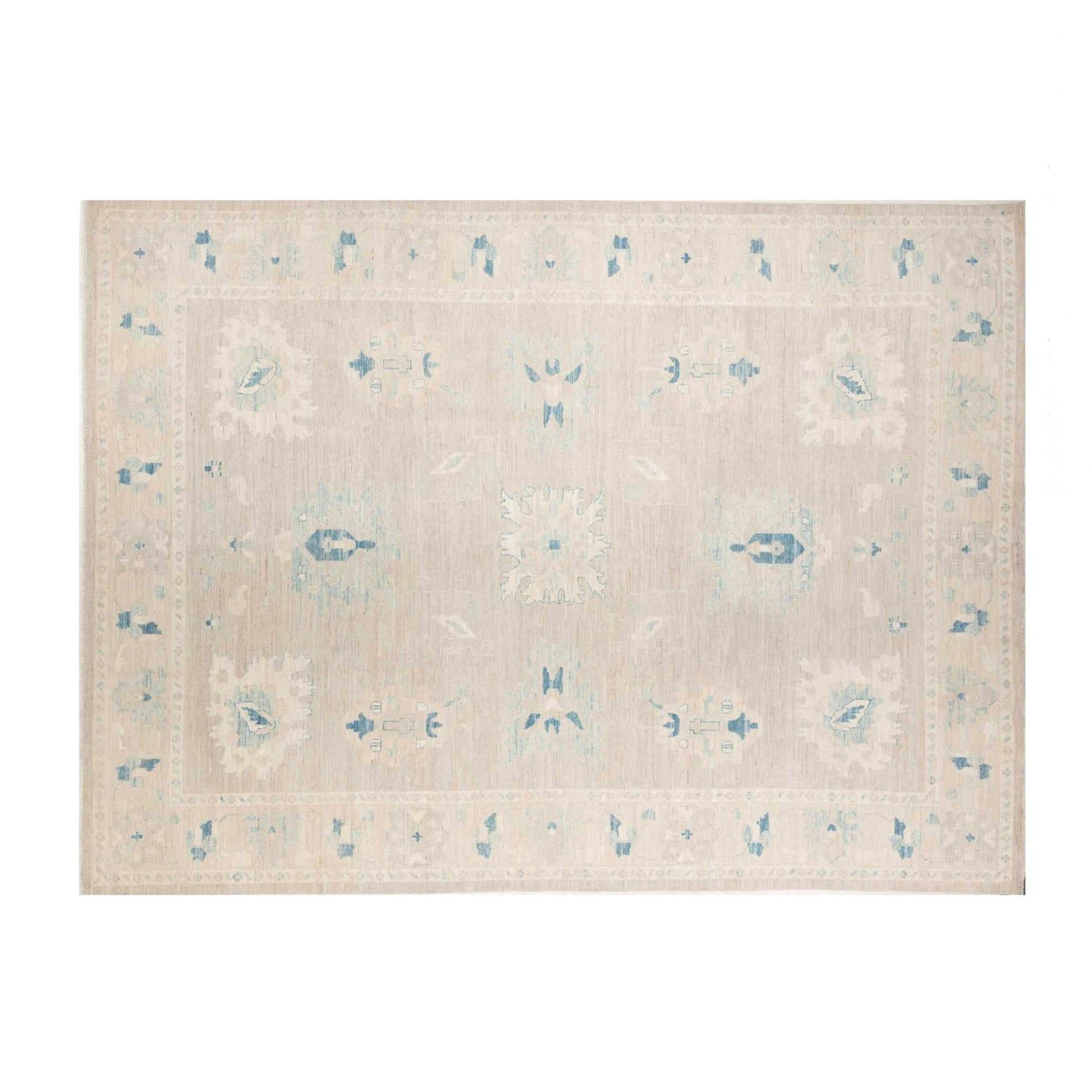 Muted greige 10x13 Oushak area rug with cream star medallions and teal blue accents.