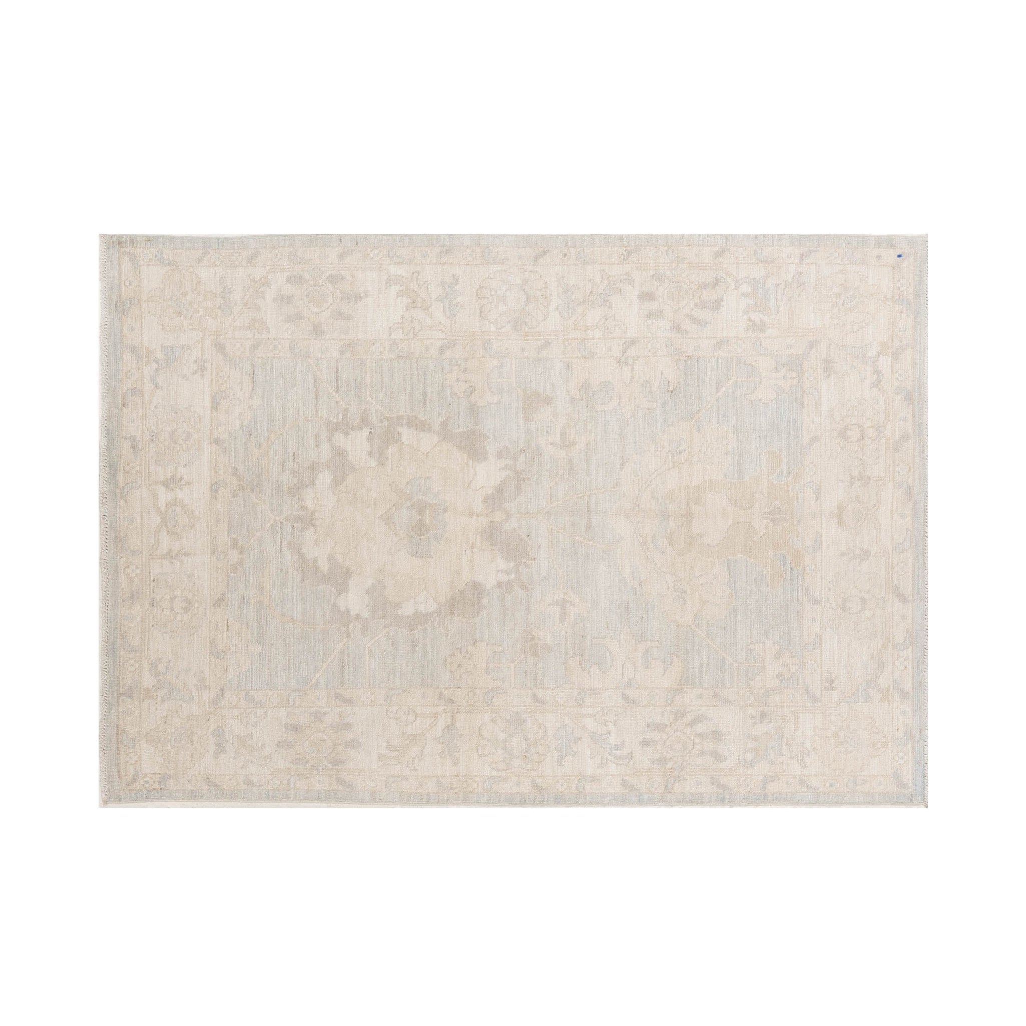 Soft light blue 4x6 Oushak area rug with a muted ivory and mocha floral pattern, cream borders, and a distressed low pile finish.