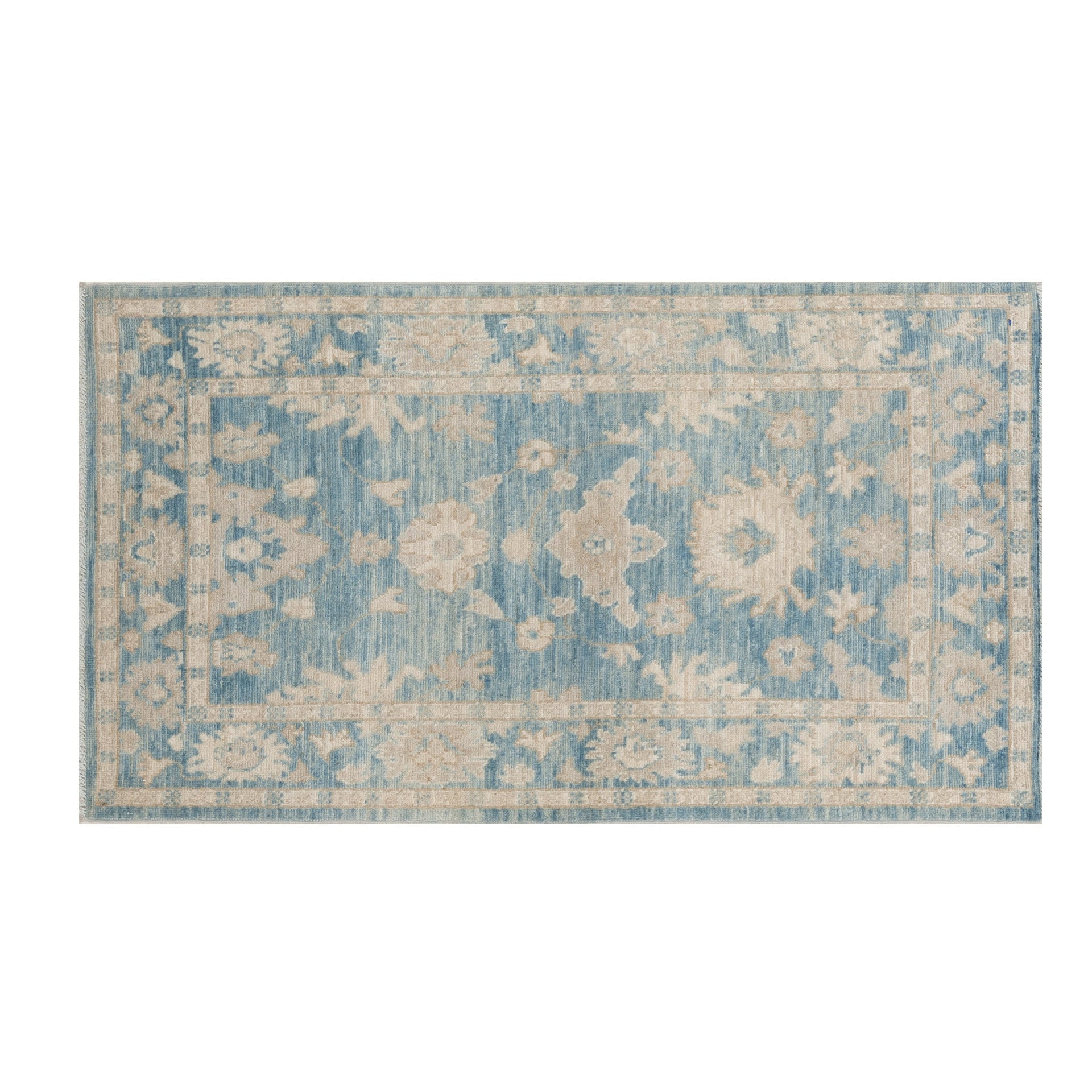 Vibrant medium blue 3x5 Oushak area rug with warm beige geometric star medallions and a distressed floral border.