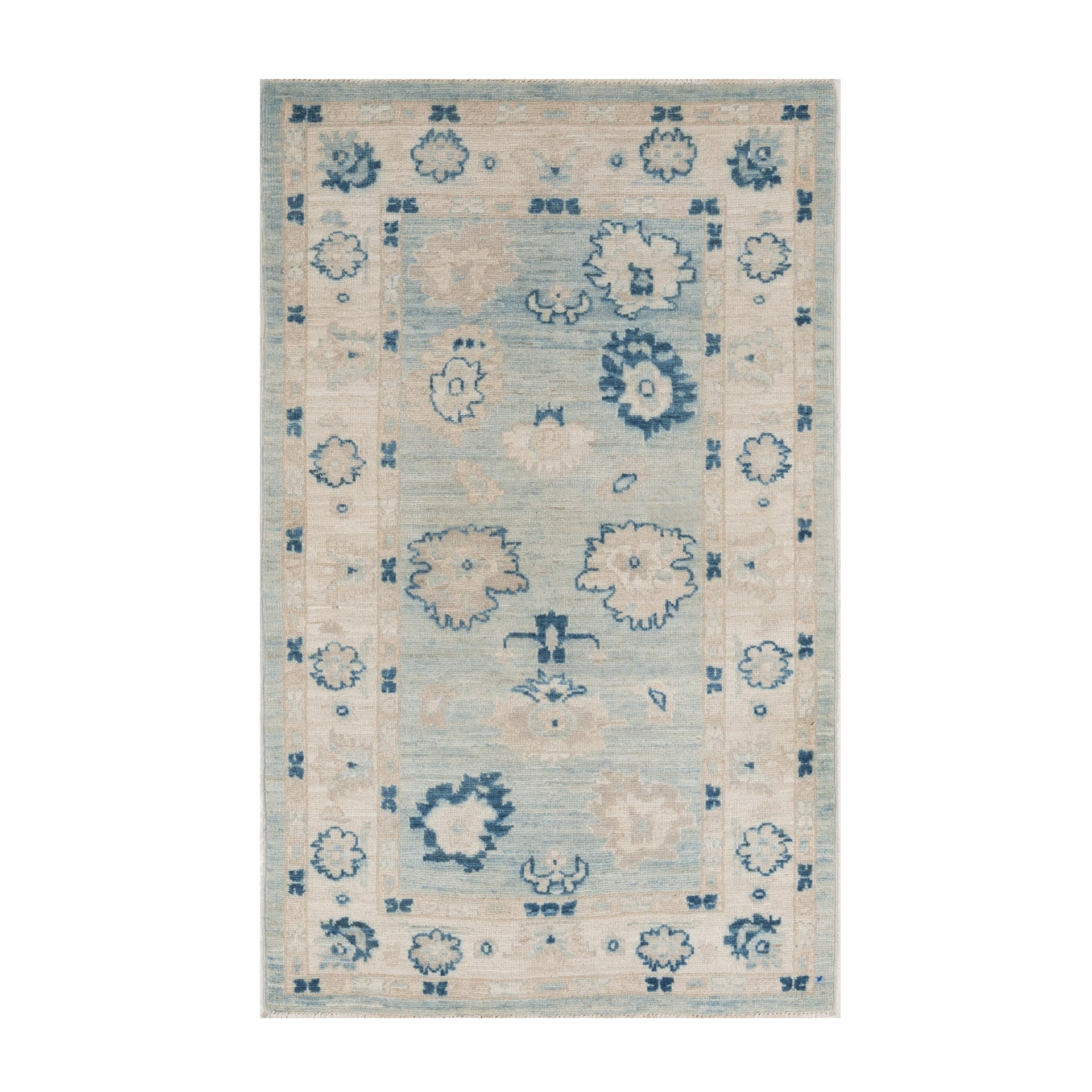 Soft light blue 3x5 Oushak area rug with a muted beige floral pattern, ivory borders, and distressed navy blue accents.