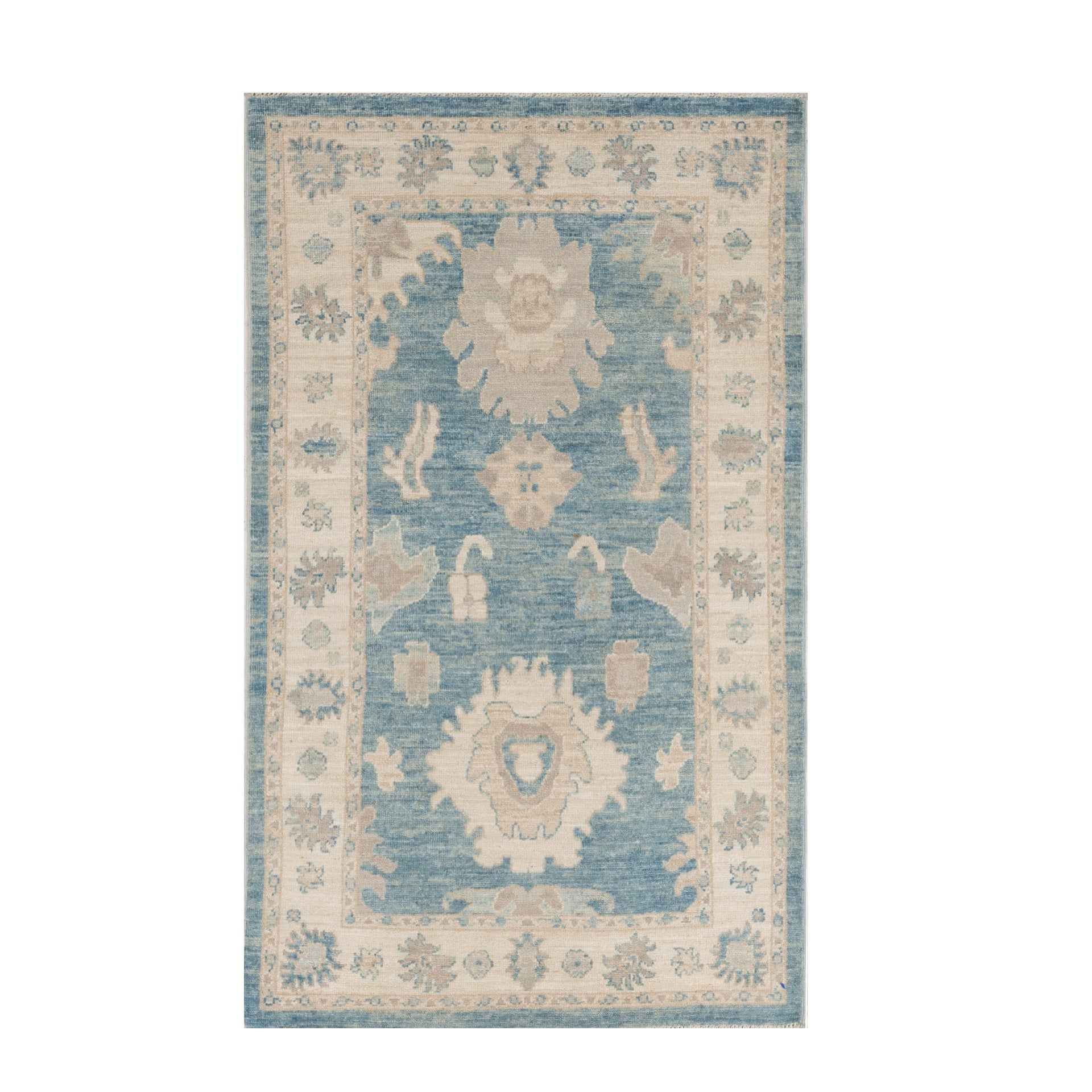 Vibrant medium blue 3x5 Oushak area rug with warm beige and ivory geometric star medallions and a distressed floral border.