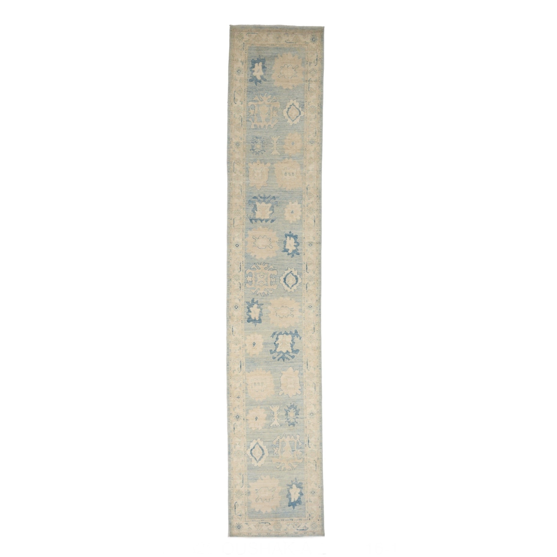Extra-long light blue 3x16 Oushak runner rug with cream floral medallions and deep blue accents.