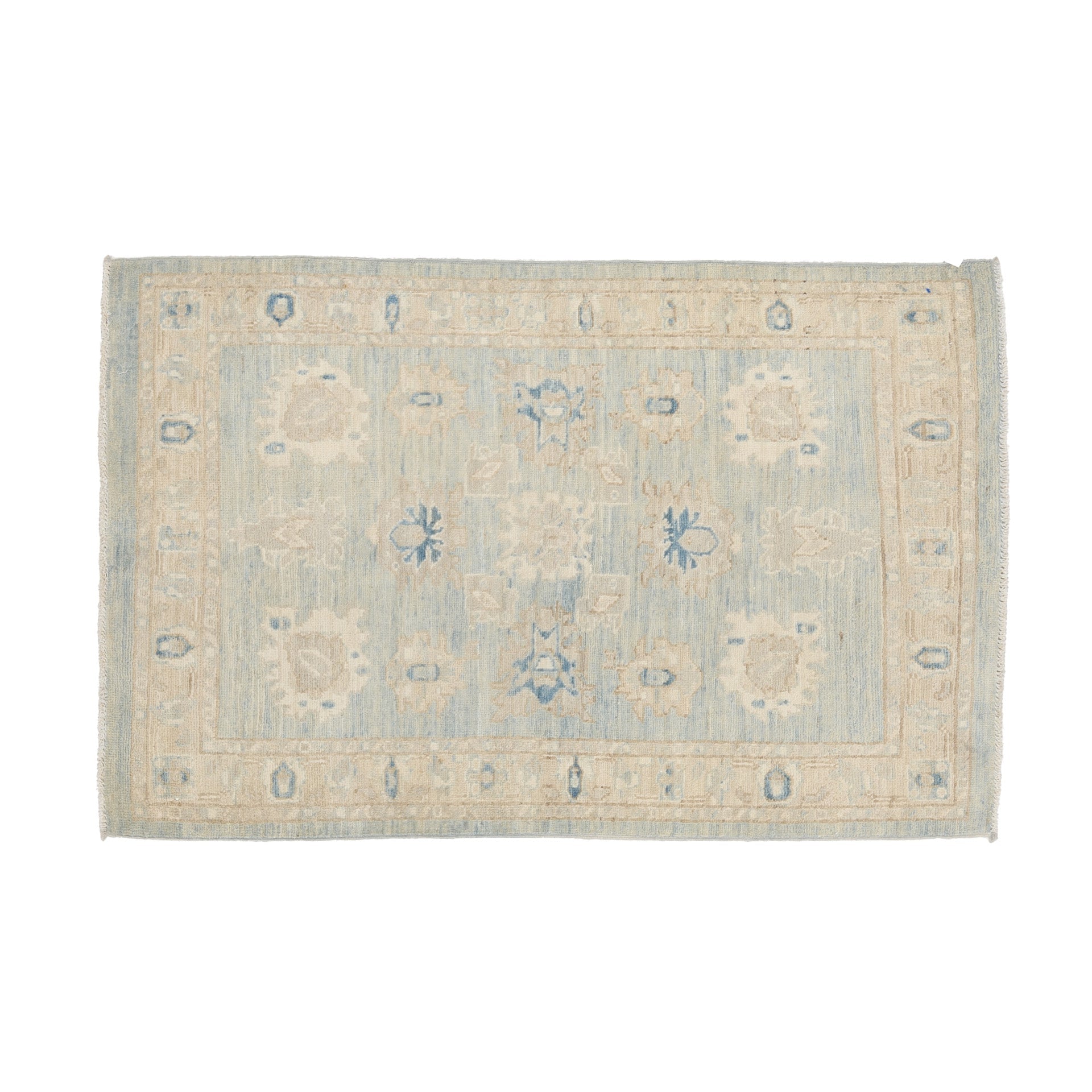 Weathered aqua blue 3x5 Oushak area rug with muted ivory and beige floral medallions and a distressed sand border.