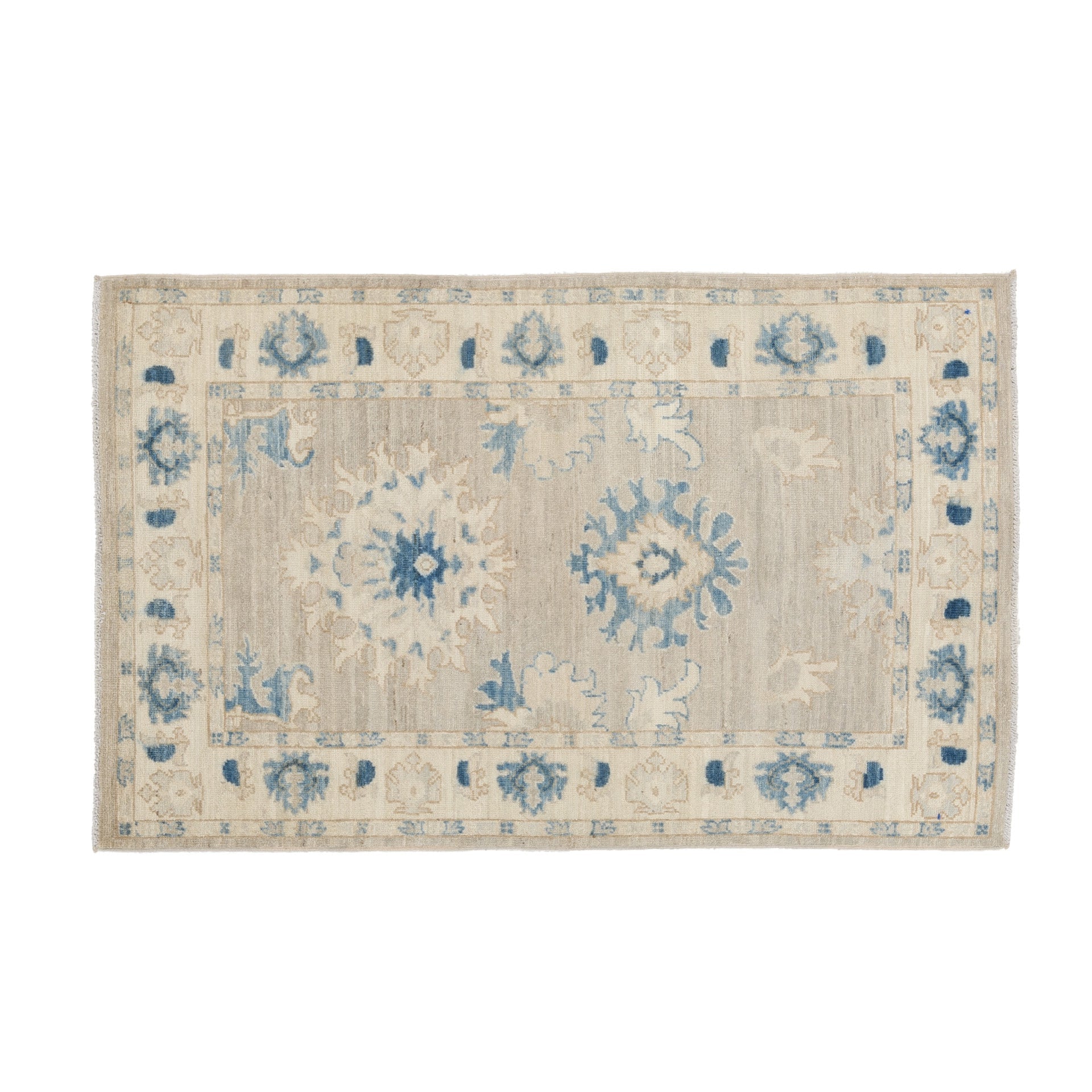 Traditional khaki 3x5 Oushak area rug with prominent blue and ivory geometric star medallions and a cream border.