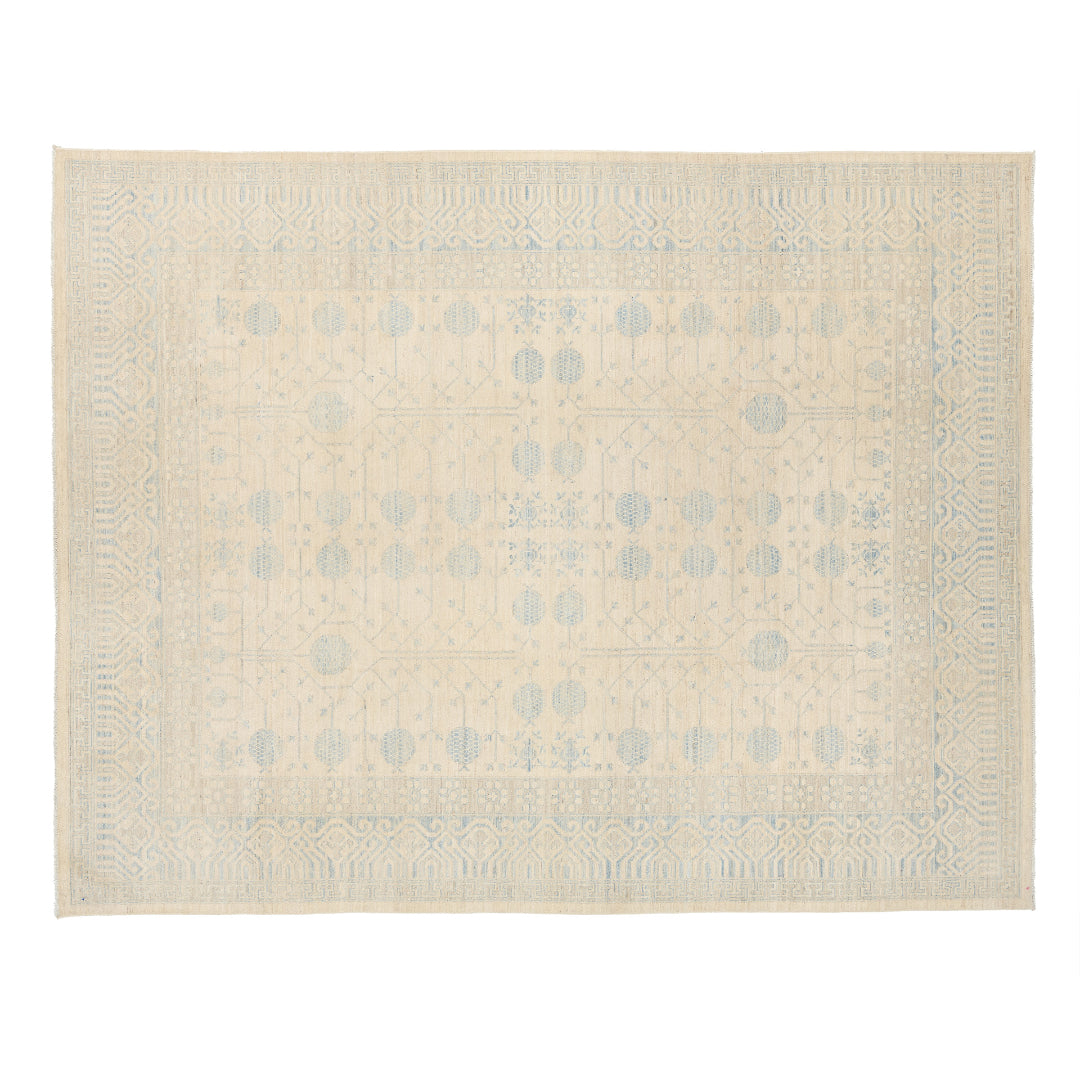 Ultra-faded ivory 9x12 Khotan area rug with delicate light blue geometric motifs and soft abrash texture.
