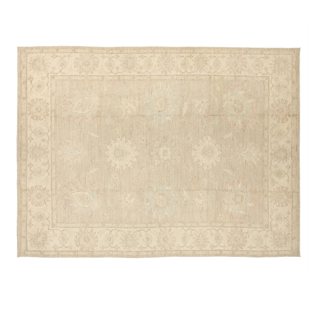 Tone-on-tone oatmeal 10x14 Oushak area rug with warm cream floral motifs and soft greige details.