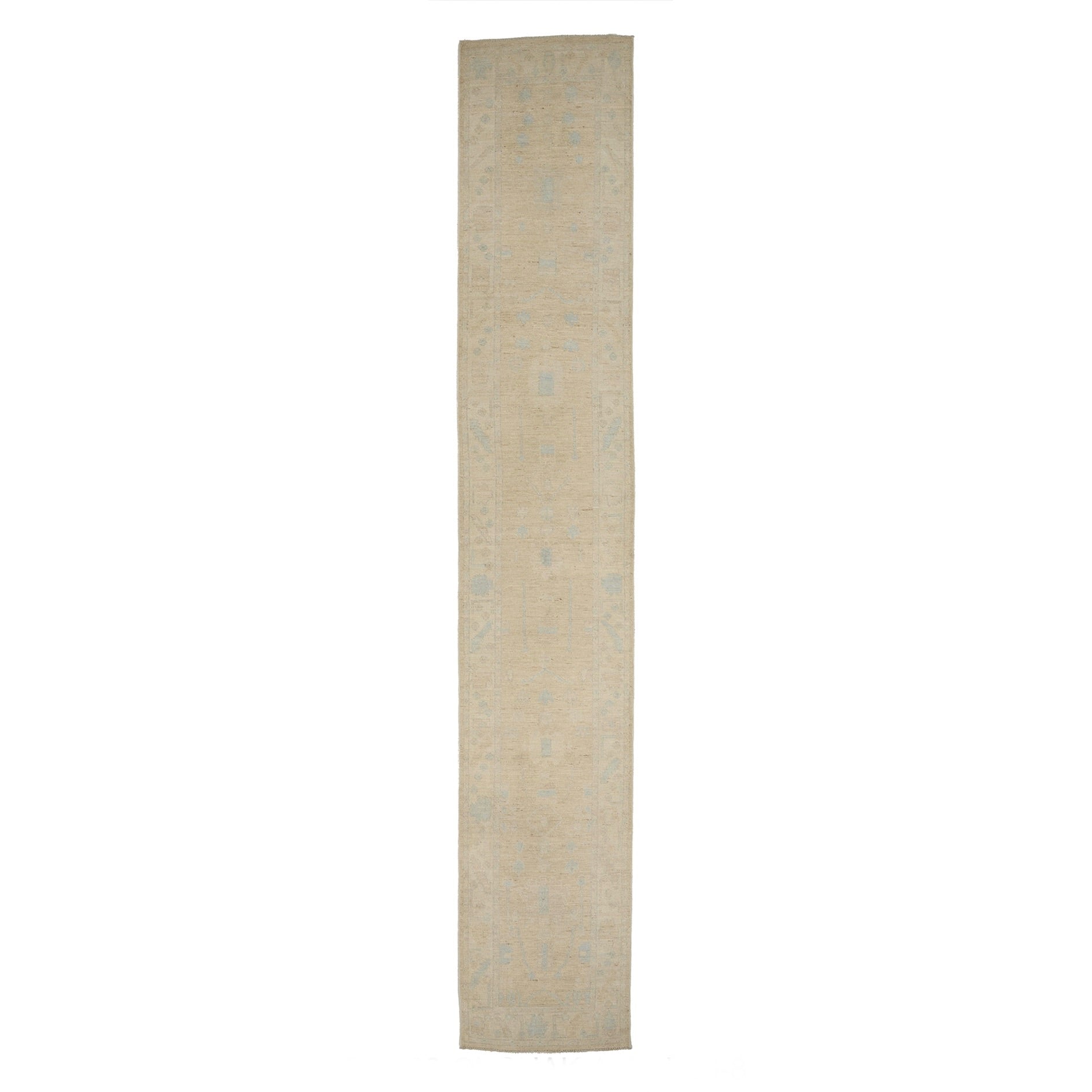 Extra-long 3x17 cream and beige Oushak rug runner with soft aqua blue accent motifs.