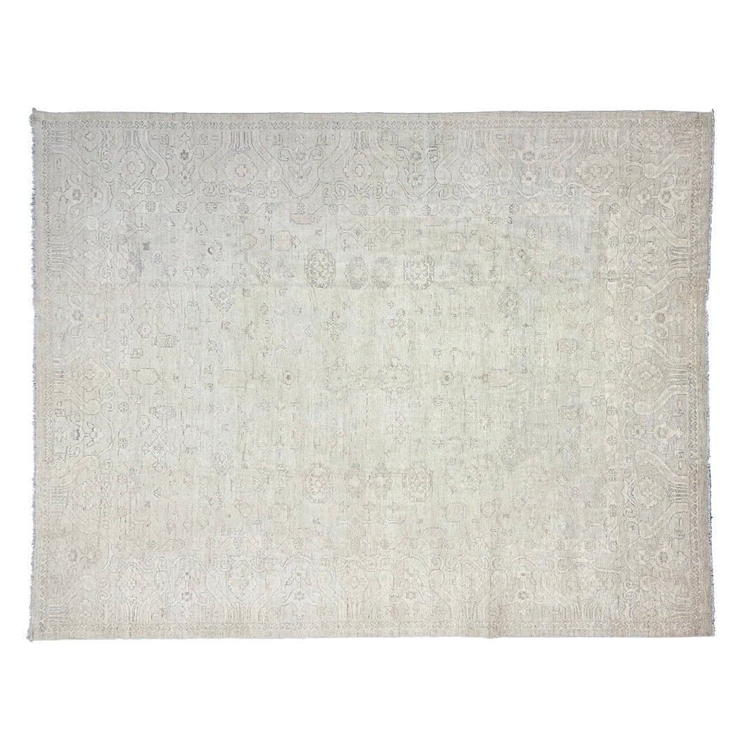 Monochromatic ultra-faded ivory 9x12 Oushak area rug with cream and light beige traditional floral motifs.