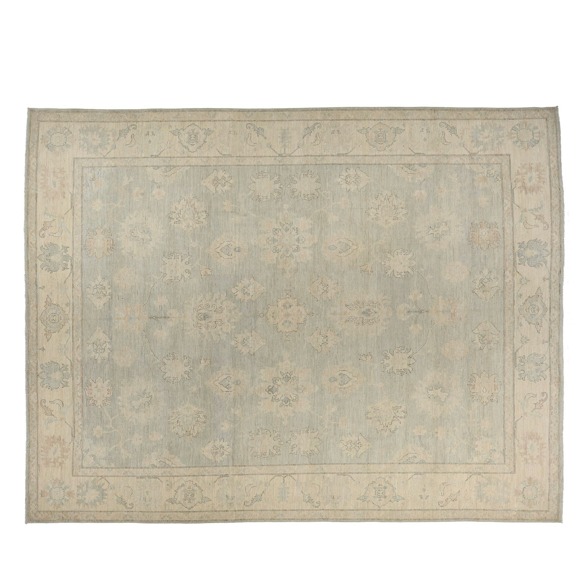 Soft light blue 12x15 Oushak area rug with beige floral medallions and subtle blush accents.