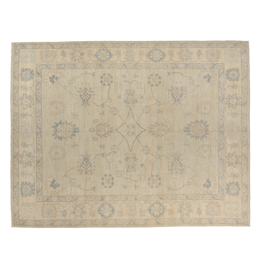 Sand beige 9x12 Oushak area rug with slate blue central floral lattice and matching border motifs.