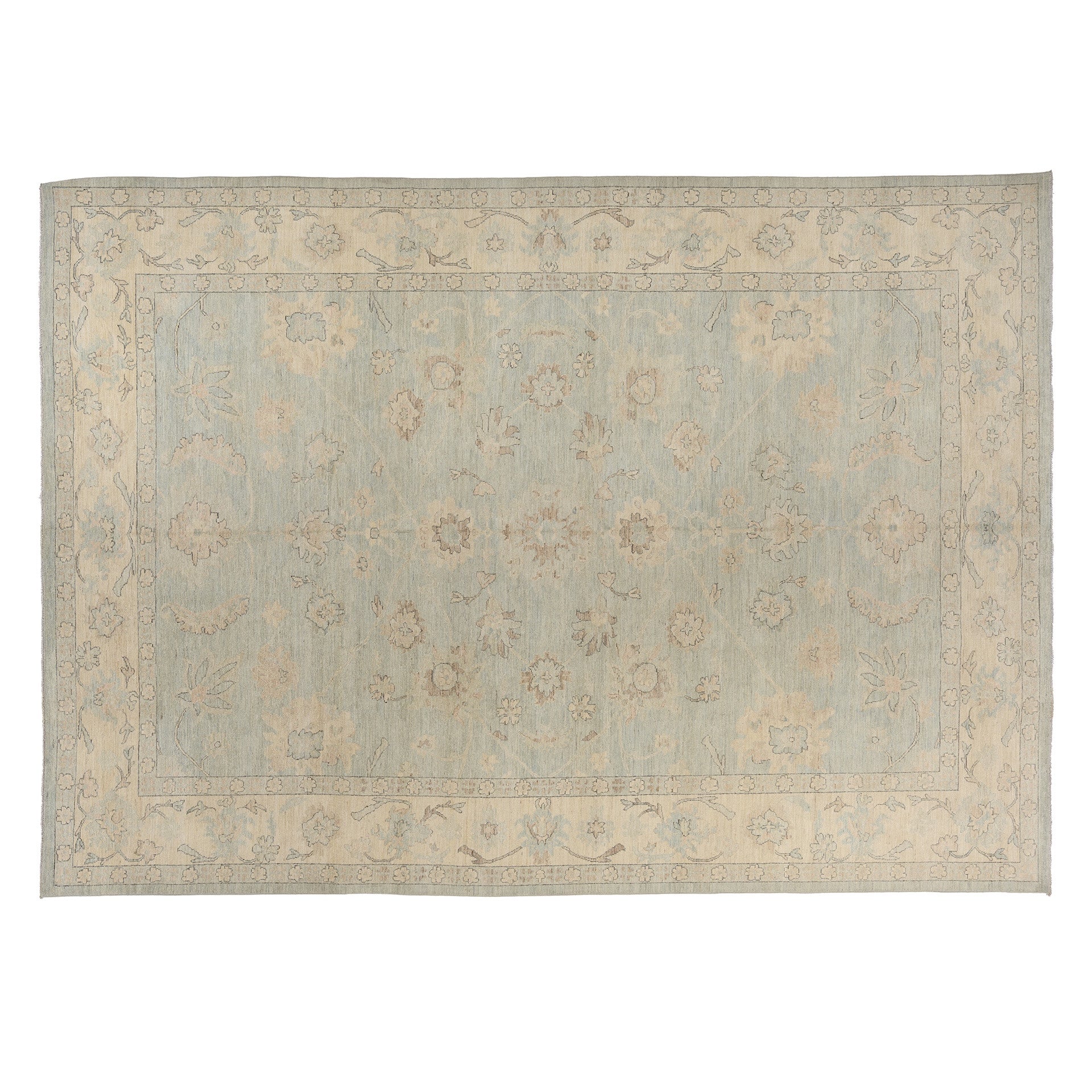 Large light blue 10x14 Oushak area rug with cream and sand beige floral palmettes and a wide border.