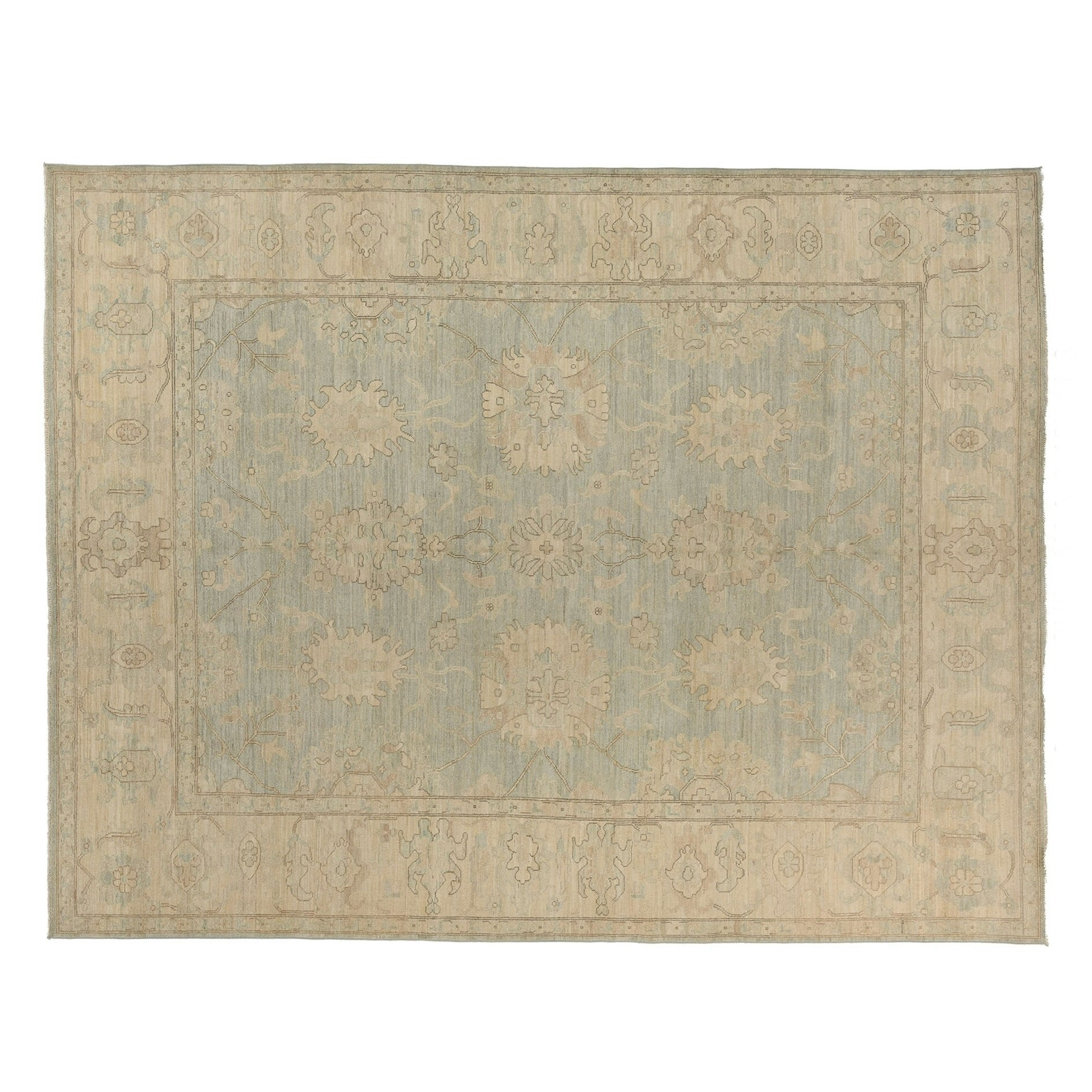 Soft light blue 9x12 Oushak area rug with warm beige floral palmettes and a wide beige border.