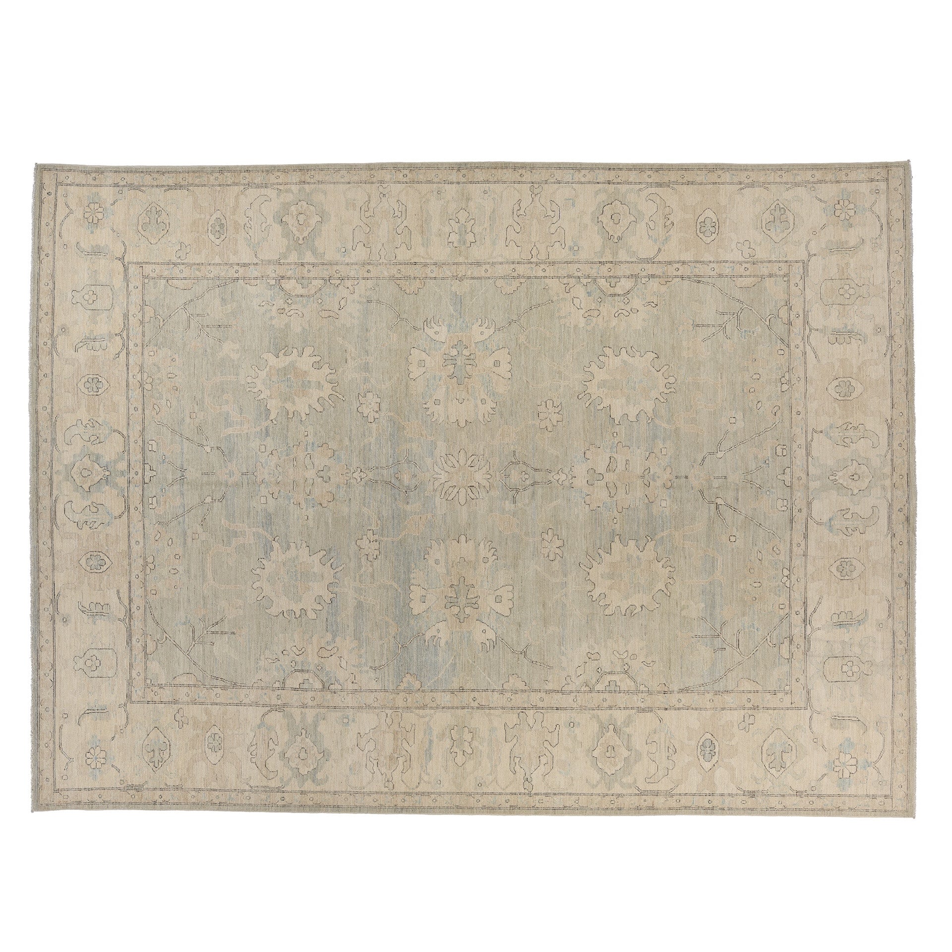 Soft light blue 10x13 Oushak area rug with warm tan floral medallions and a broad cream border.