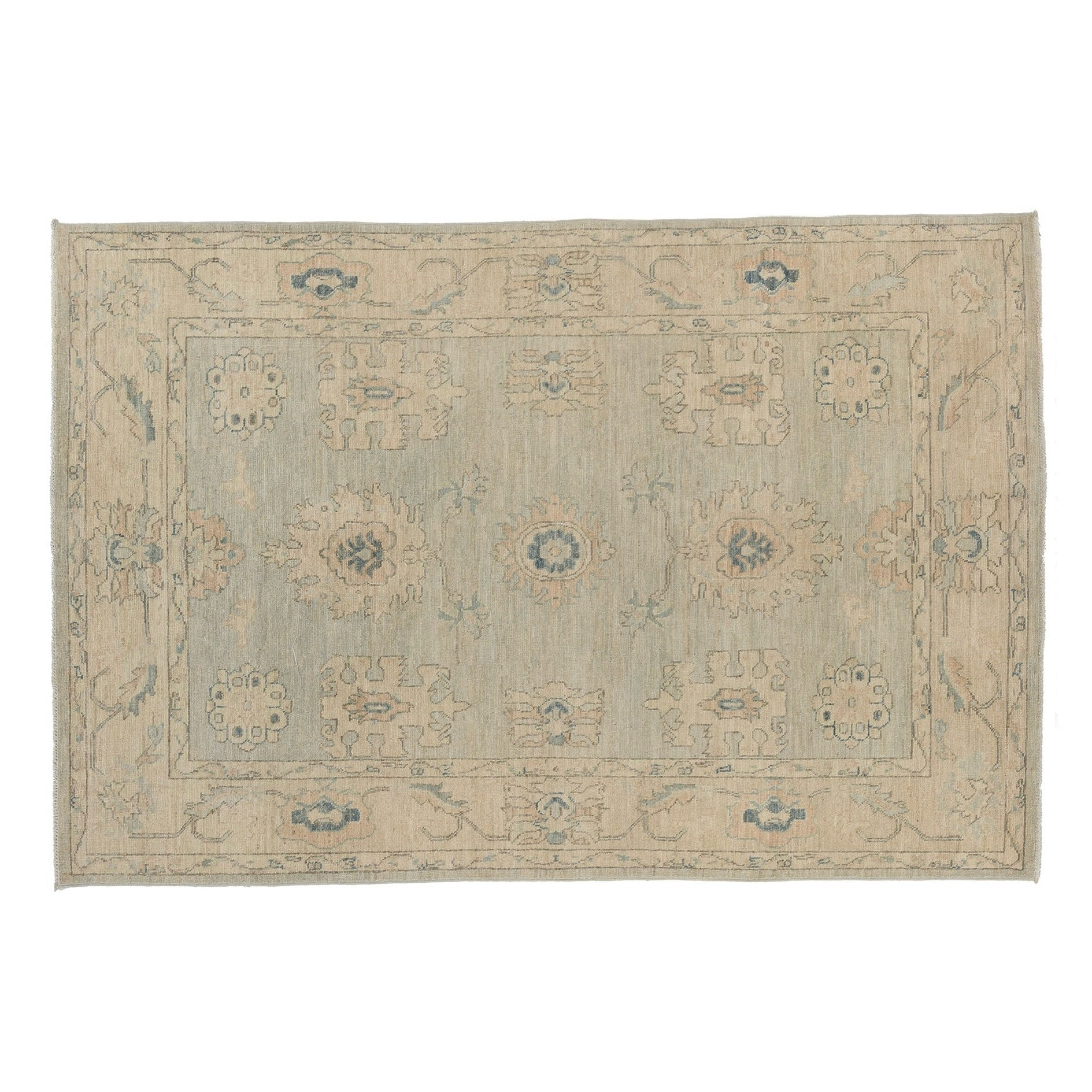 Muted light gray 5x7 Oushak area rug with blush pink star medallions and denim blue accents.