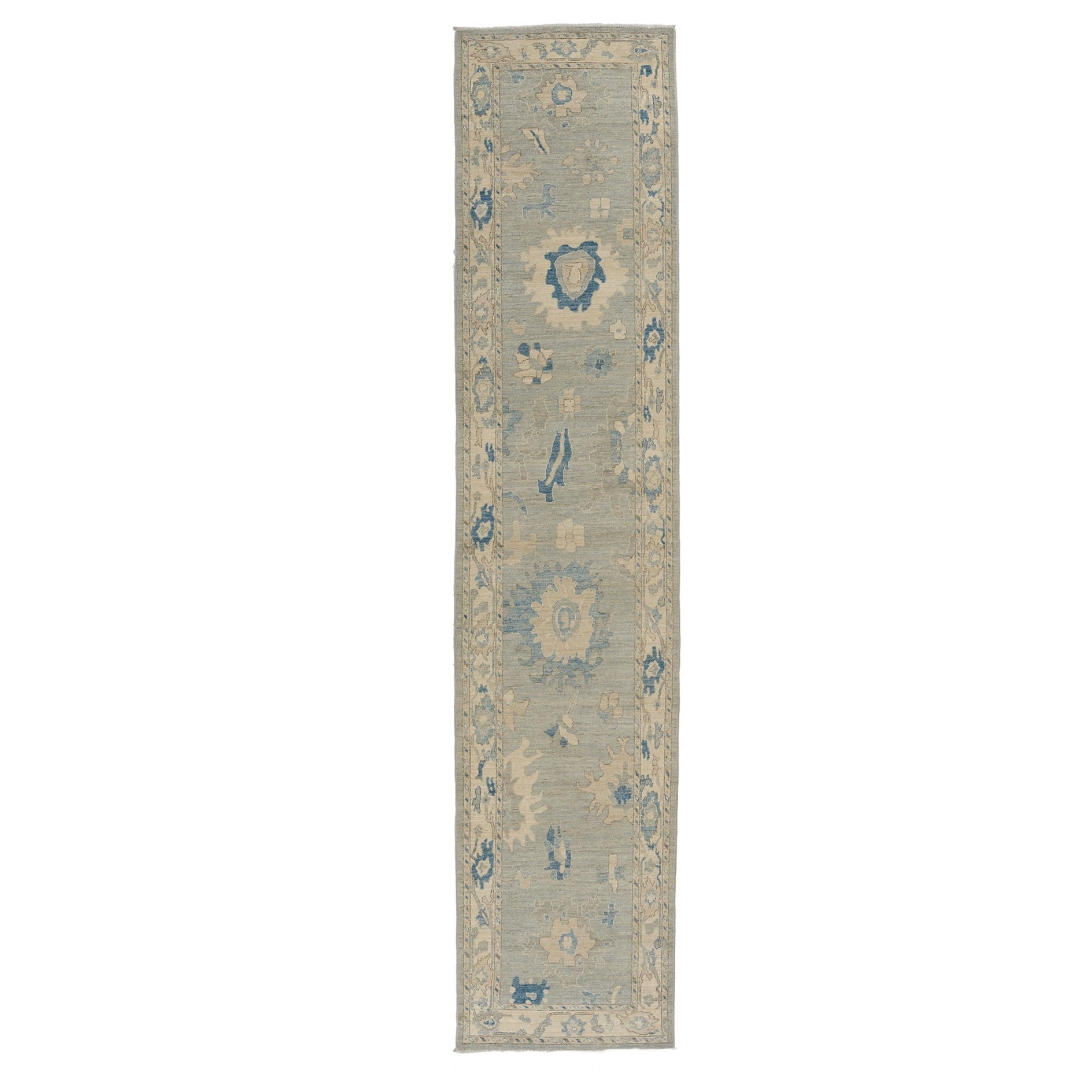 Soft blue and slate gray 3x14 Oushak runner rug with cream floral medallions and indigo blue accents.