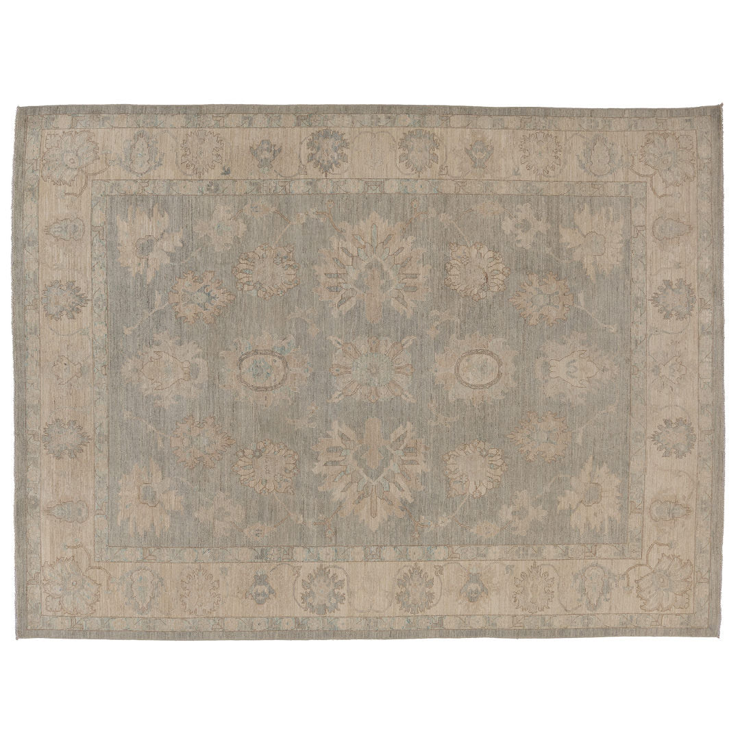 Hand-knotted 9x12 Oushak area rug with a muted celadon green field, soft ivory palmettes, and a beige border.