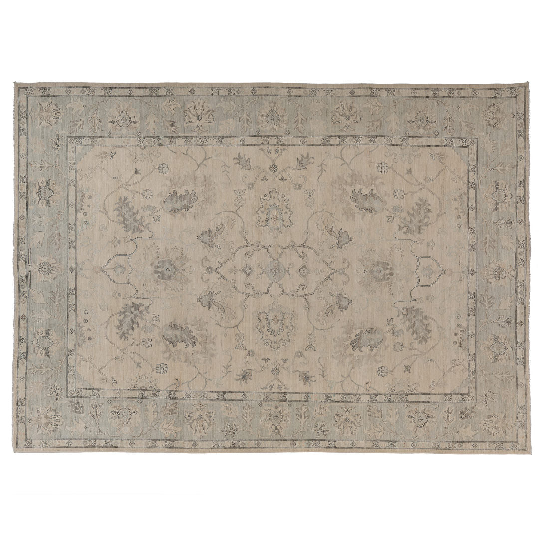 Hand-knotted 10x14 Oushak area rug with a soft ivory field, light blue-grey border, and detailed botanical motifs.