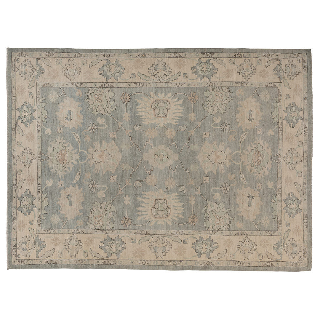 Hand-knotted 10x14 Oushak area rug with a muted slated aqua center field, ivory border, and soft taupe details.