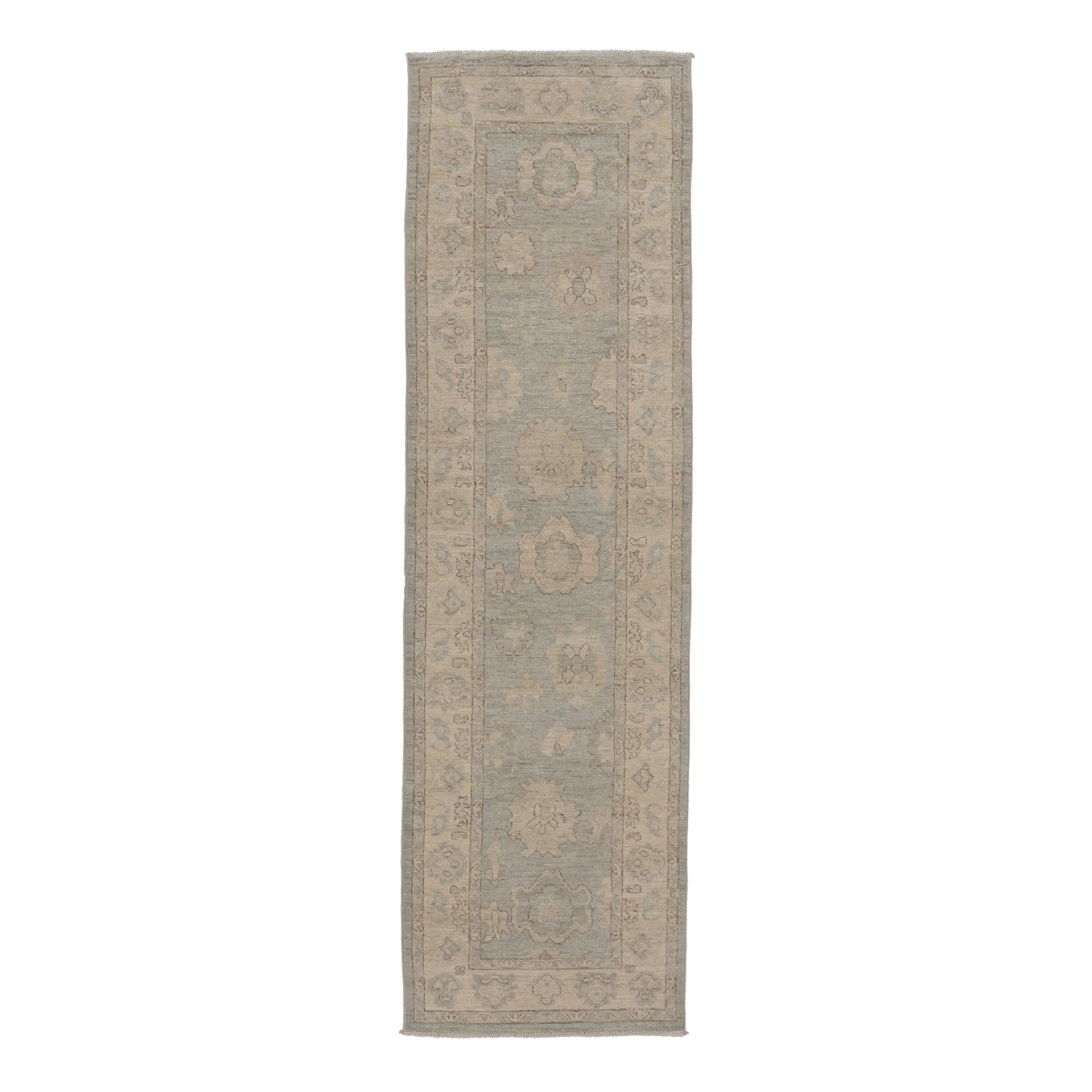 Soft ice blue traditional Oushak runner rug with a muted ivory and beige floral border and distressed low pile finish.