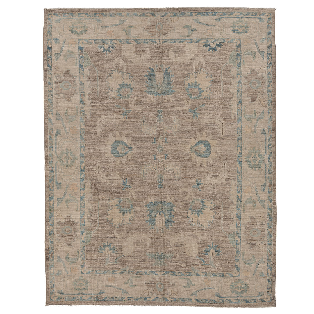 Hand-knotted 8x10 Oushak area rug with a rich mocha brown center field, soft Cerulean blue motifs, and a cream-beige border.