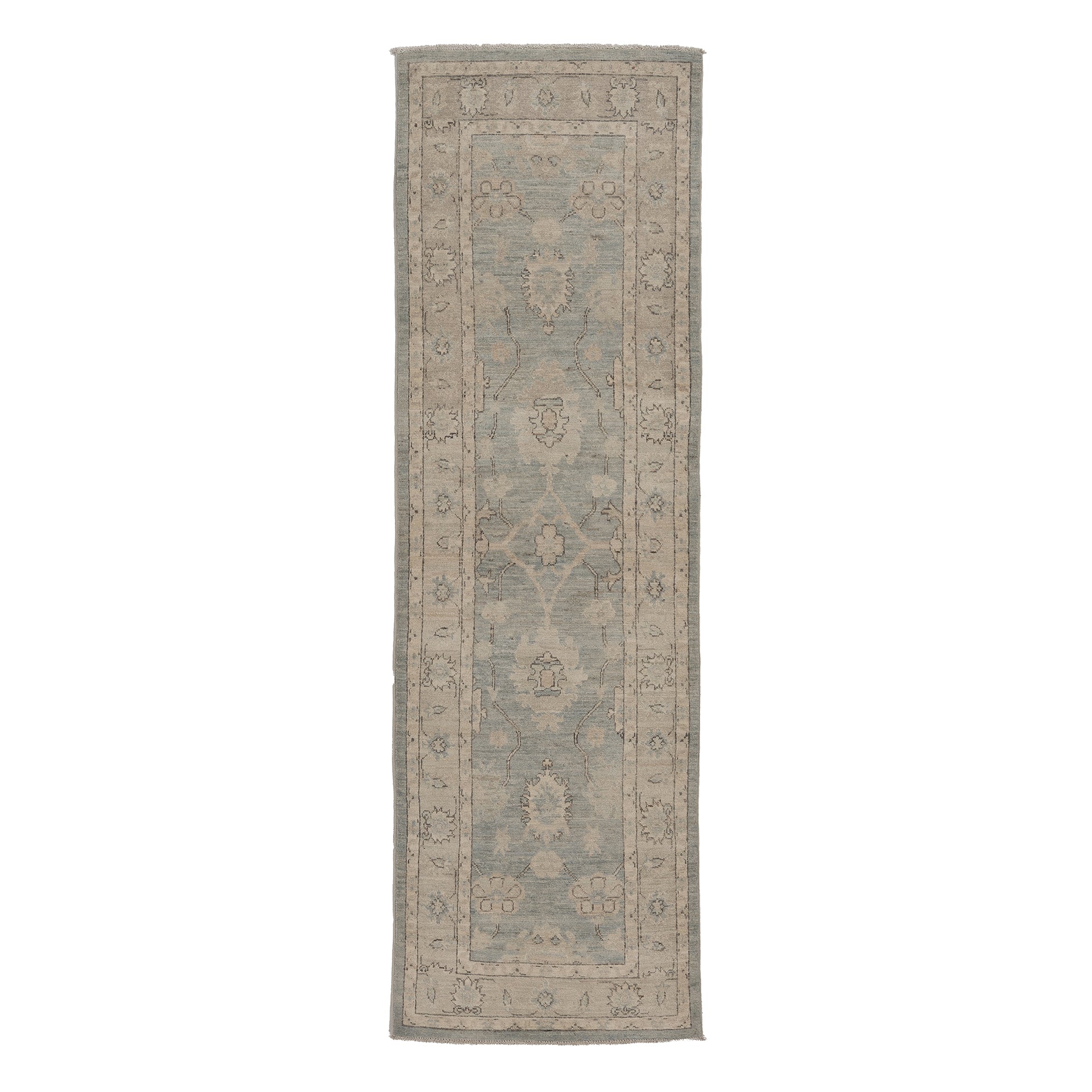 Soft light blue traditional Oushak runner rug with a muted ivory and beige geometric border and distressed low pile finish.