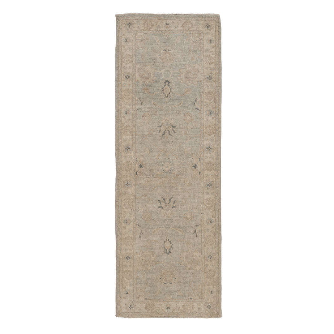 Soft light blue 2.5x10 Oushak runner rug with cream floral medallions, charcoal accents, and a wide cream border.
