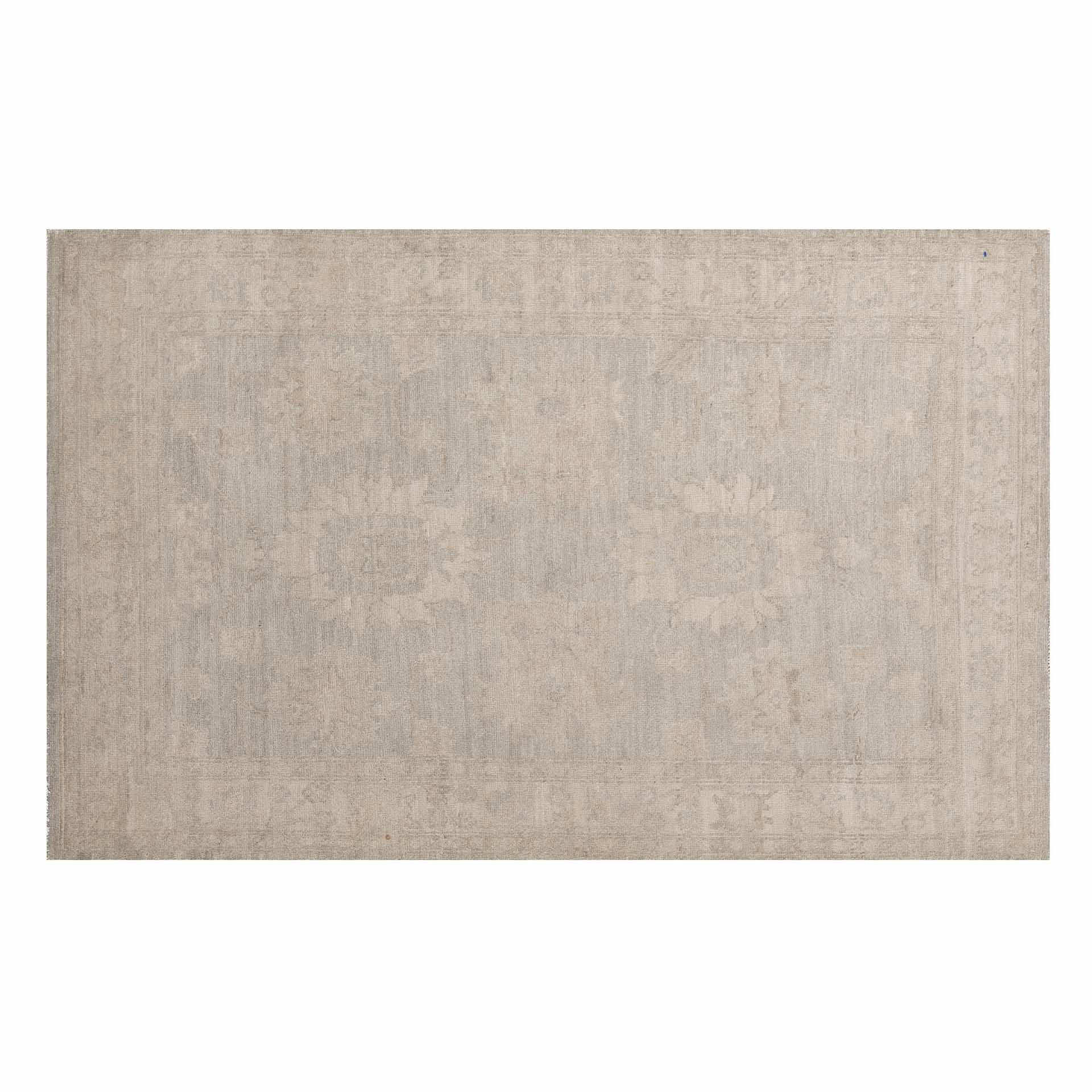 Soft greyish blue 4x6 Oushak area rug with an ultra-muted ivory and beige floral pattern, cream borders, and a distressed low pile finish.