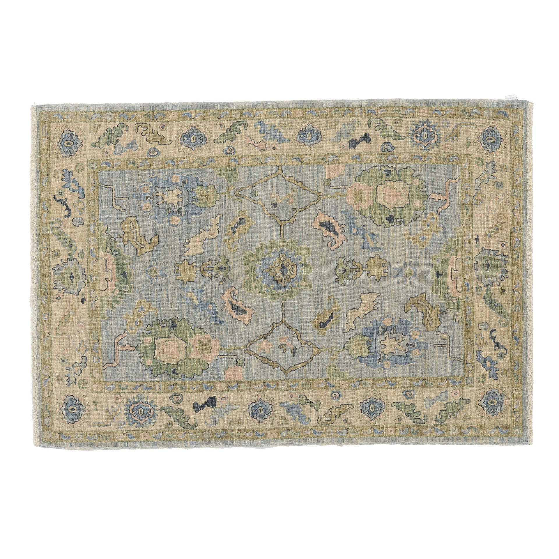 Traditional light blue 4x6 Oushak area rug with sage green and beige botanical motifs, diamond guards, and a distressed beige-cream border.
