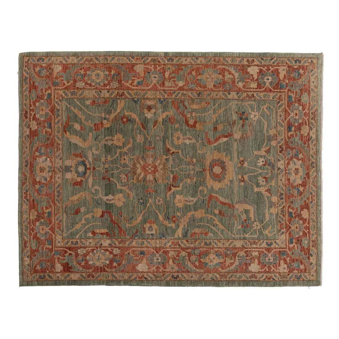 Deep forest green 9x12 Oushak area rug with rust border and camel floral vine scrollwork.