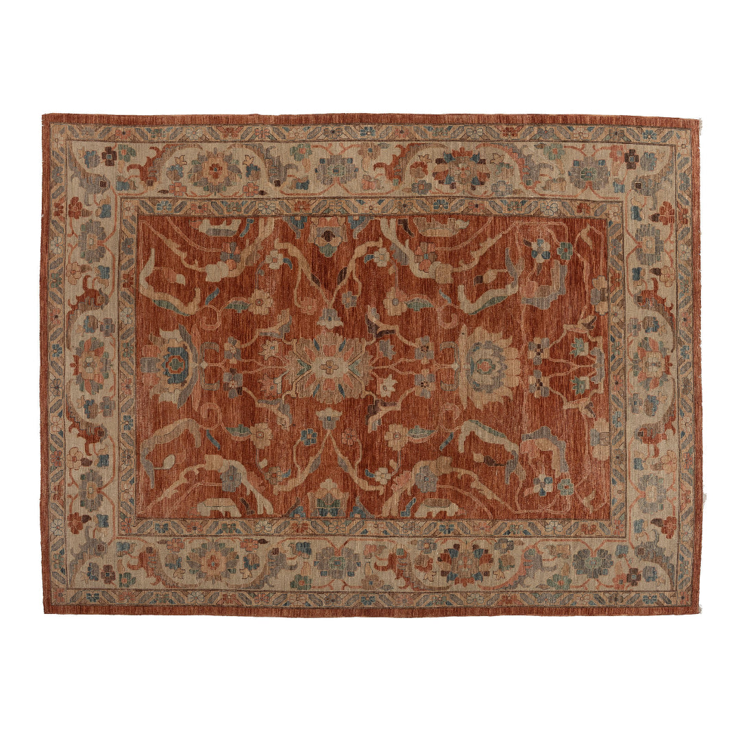 Rich rust 9x12 Oushak area rug with camel border and teal floral vine scrollwork.