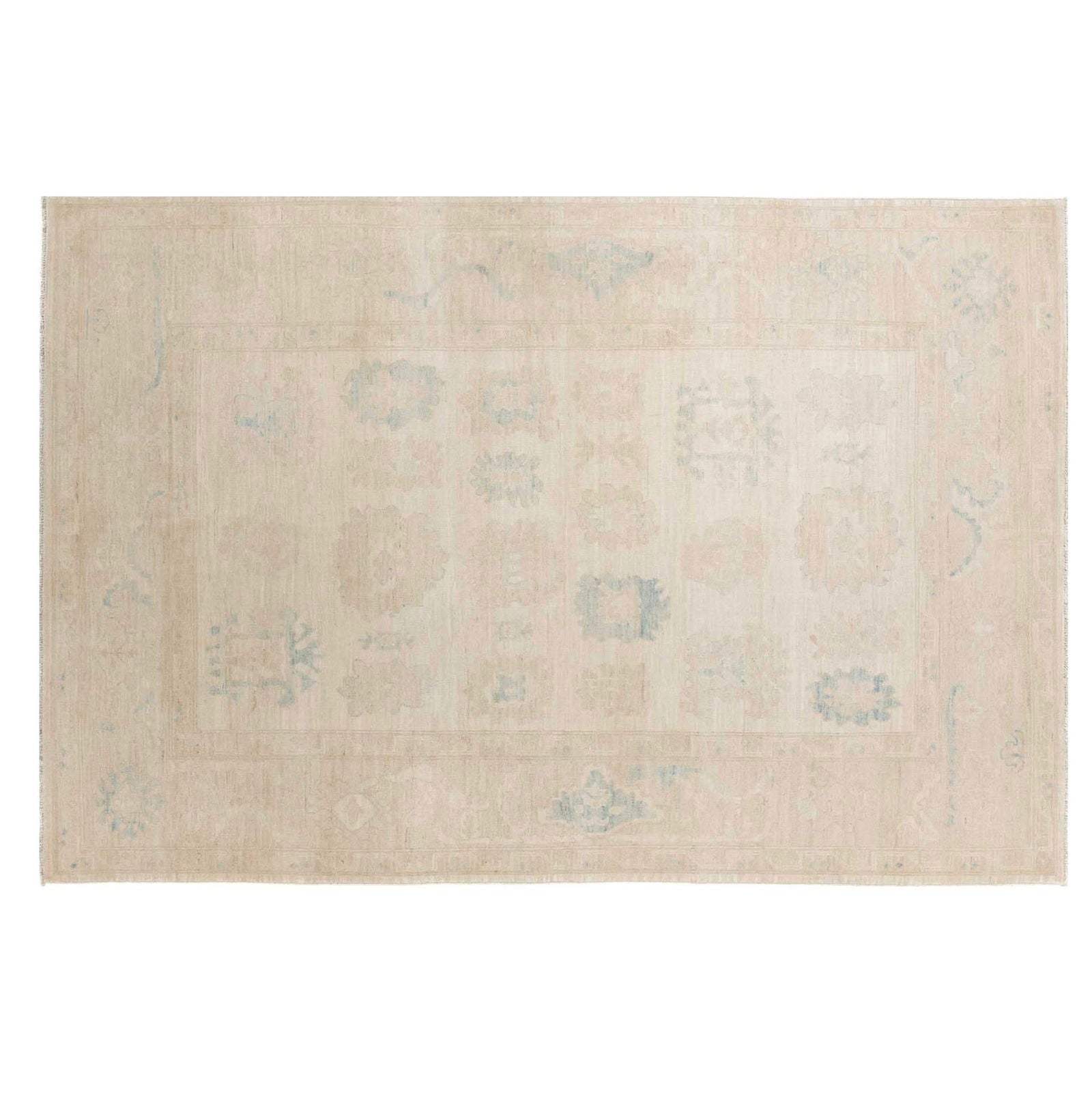 Ultra-faded cream 6x9 Oushak area rug with taupe floral motifs and soft slate blue accents.