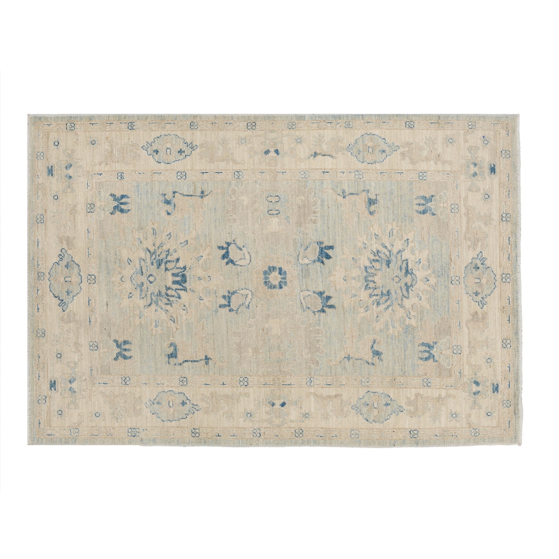 Soft light blue 4x6 Oushak area rug with cream floral palmettes and deep blue accents.