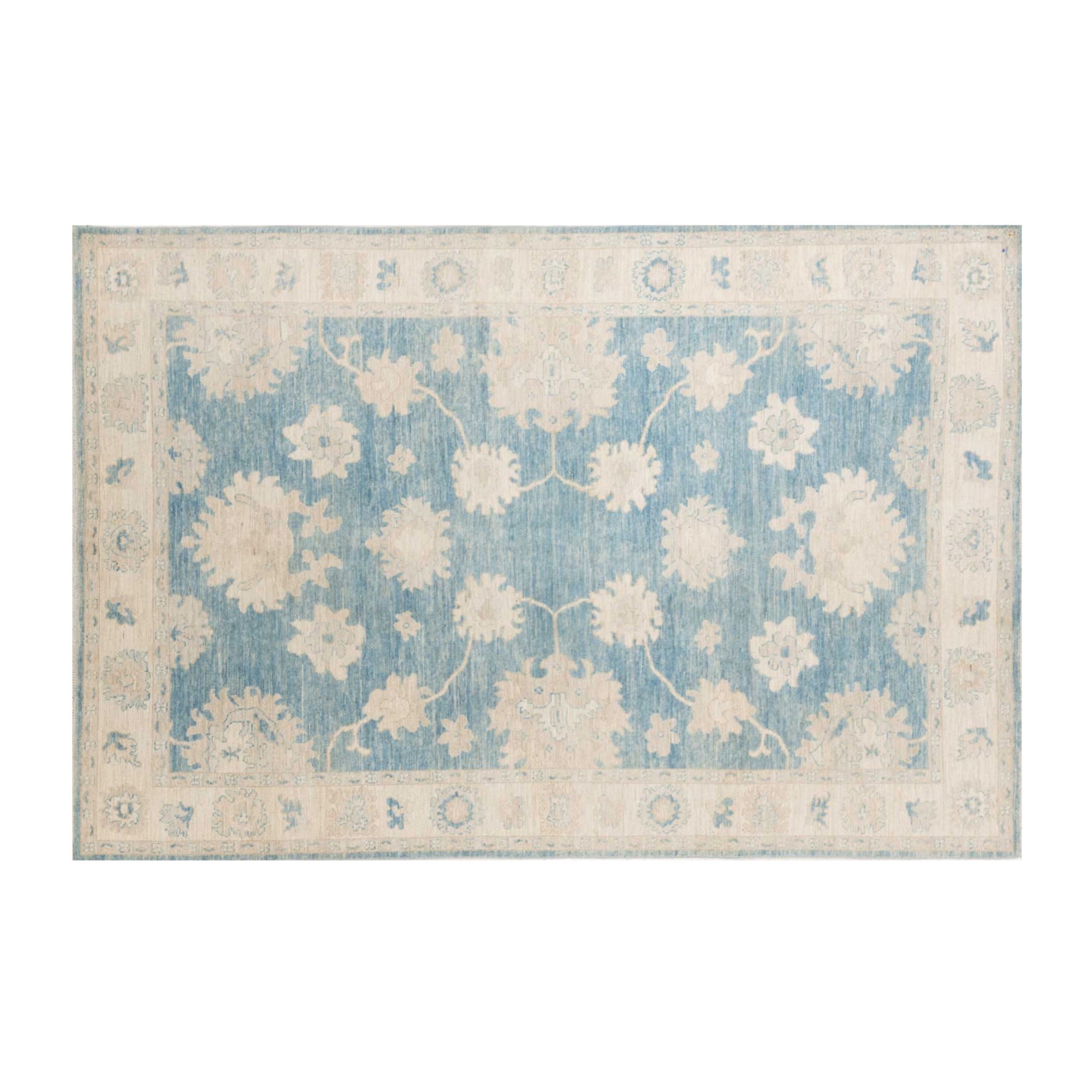Vibrant aqua blue 6x9 Oushak area rug with cream floral palmettes and taupe accents.