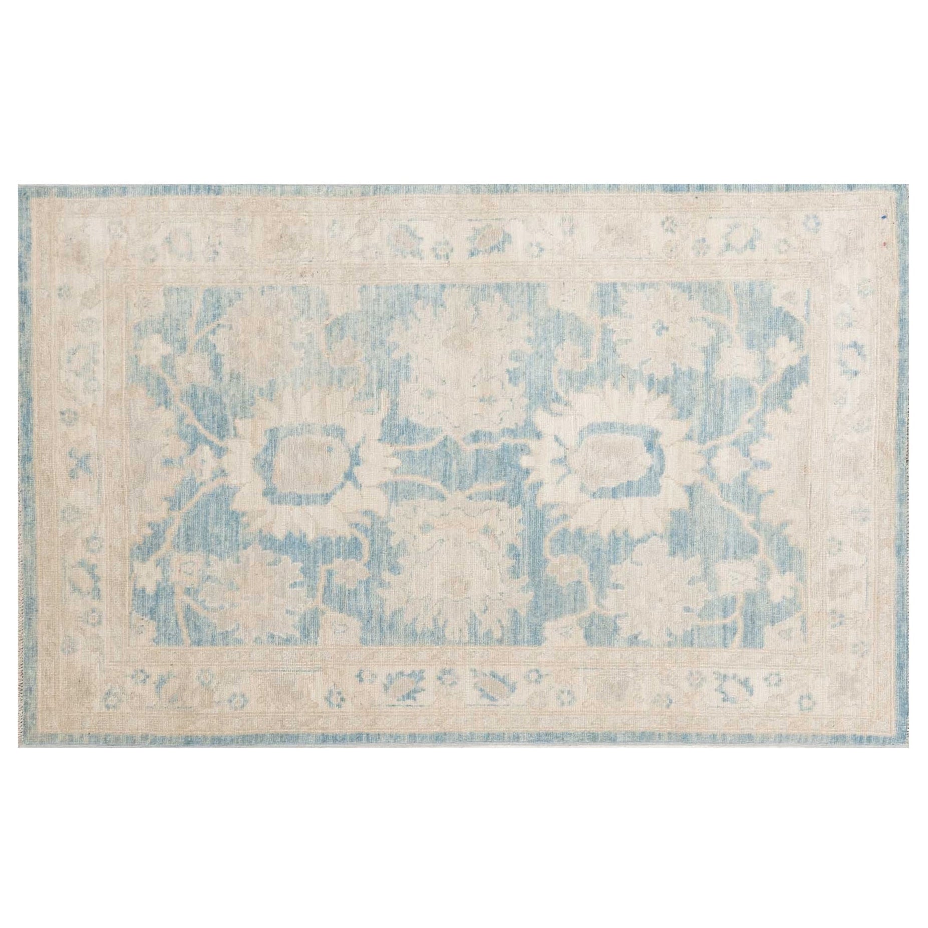 Soft sky blue 4x6 Oushak area rug with cream floral palmettes and a broad beige border.