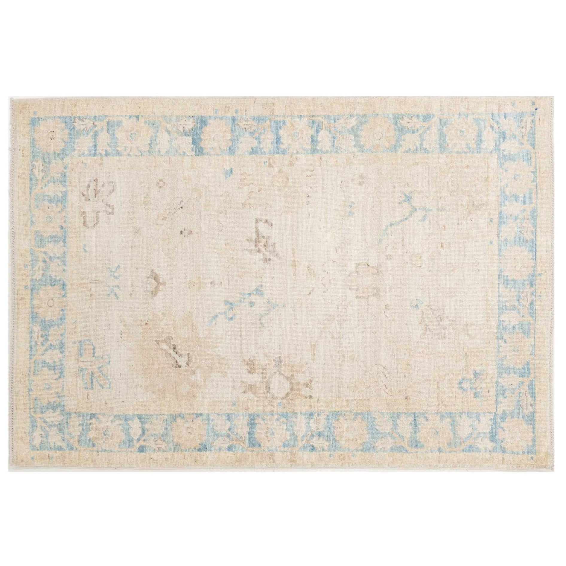 Cream 4x6 Oushak area rug with mocha floral motifs and a contrasting soft blue border.
