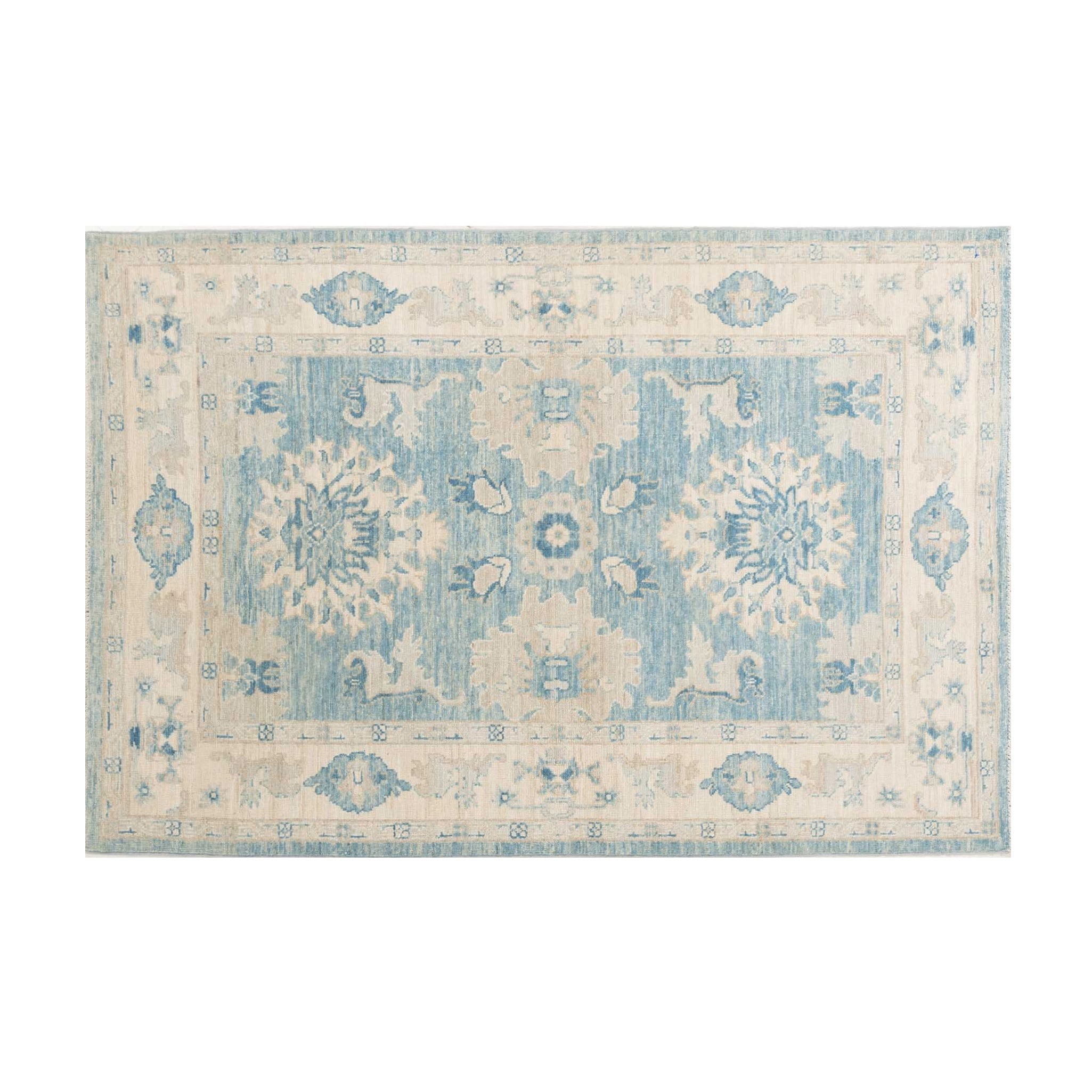 Vibrant aqua blue 4x6 Oushak area rug with cream star medallions and a tailored cream border.