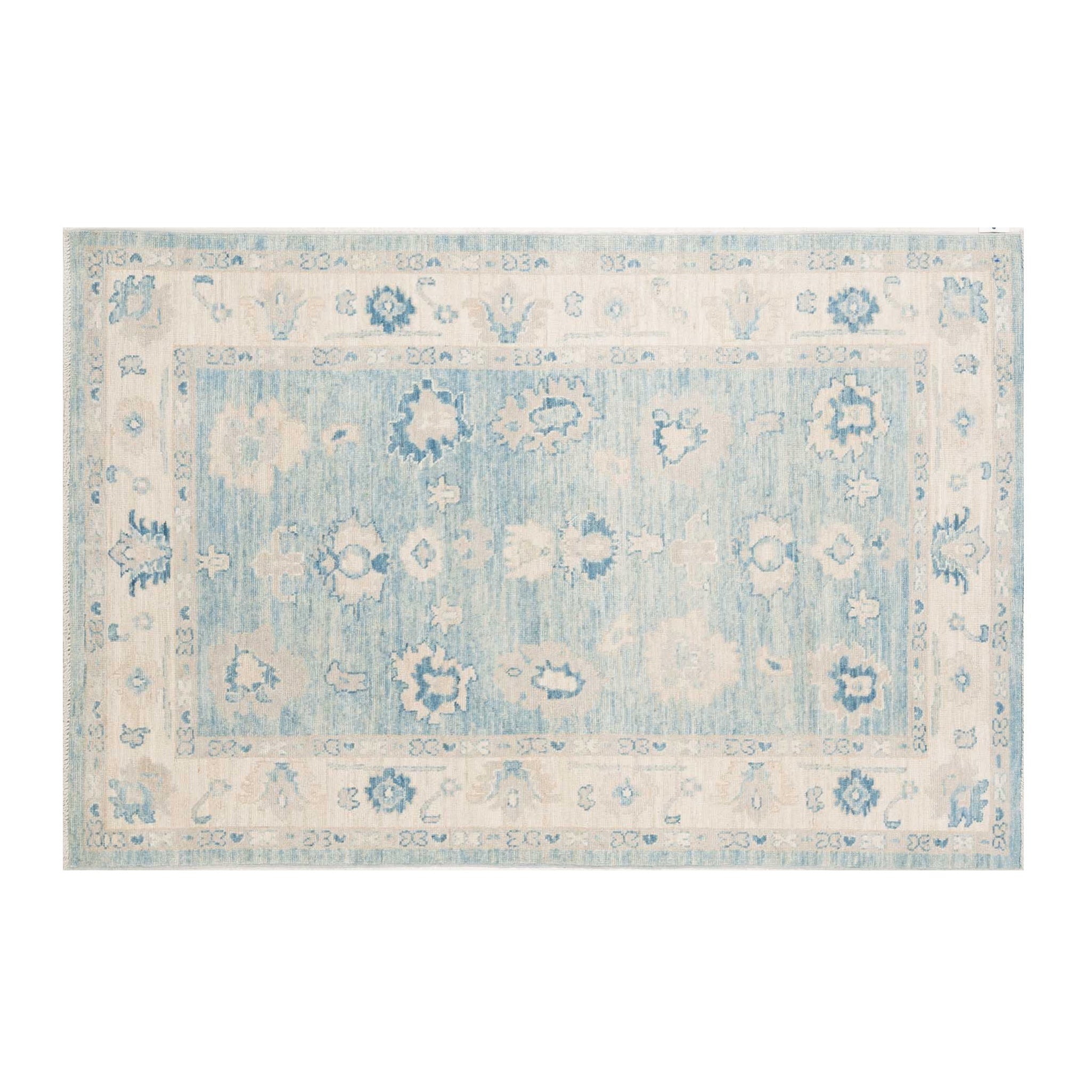 Aqua blue 4x6 Oushak area rug with cream floral motifs and royal blue accents.