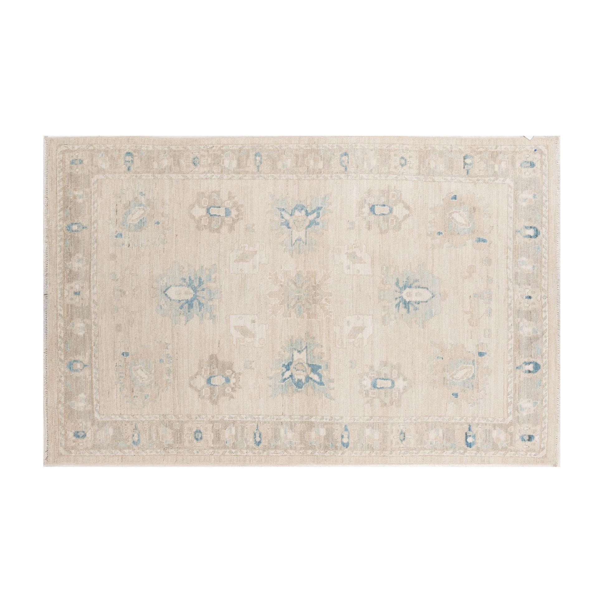 Muted taupe 4x6 Oushak area rug with cream star medallions and deep blue accents.