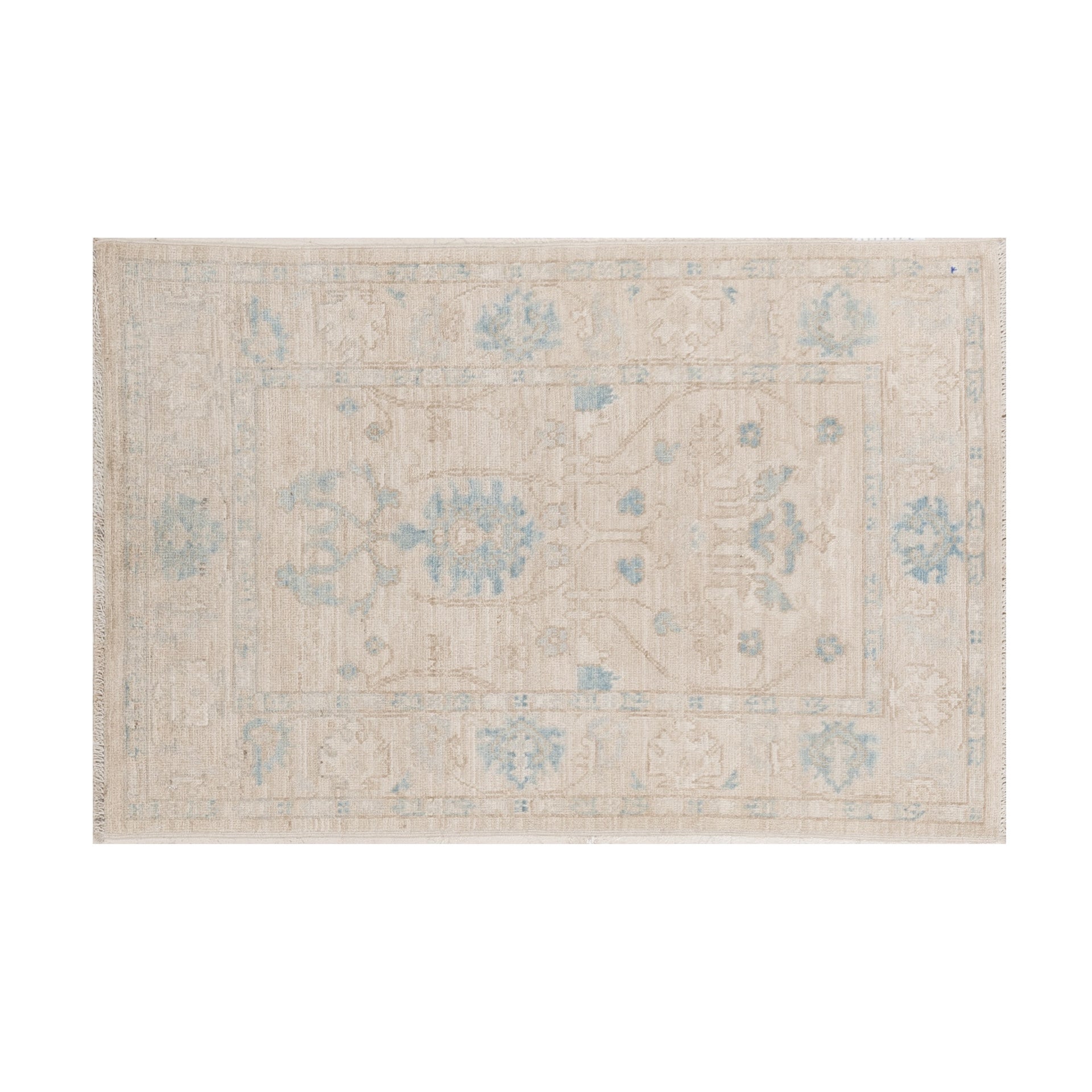 Ultra-faded cream and beige 2x4 Oushak accent rug with soft light teal floral motifs.