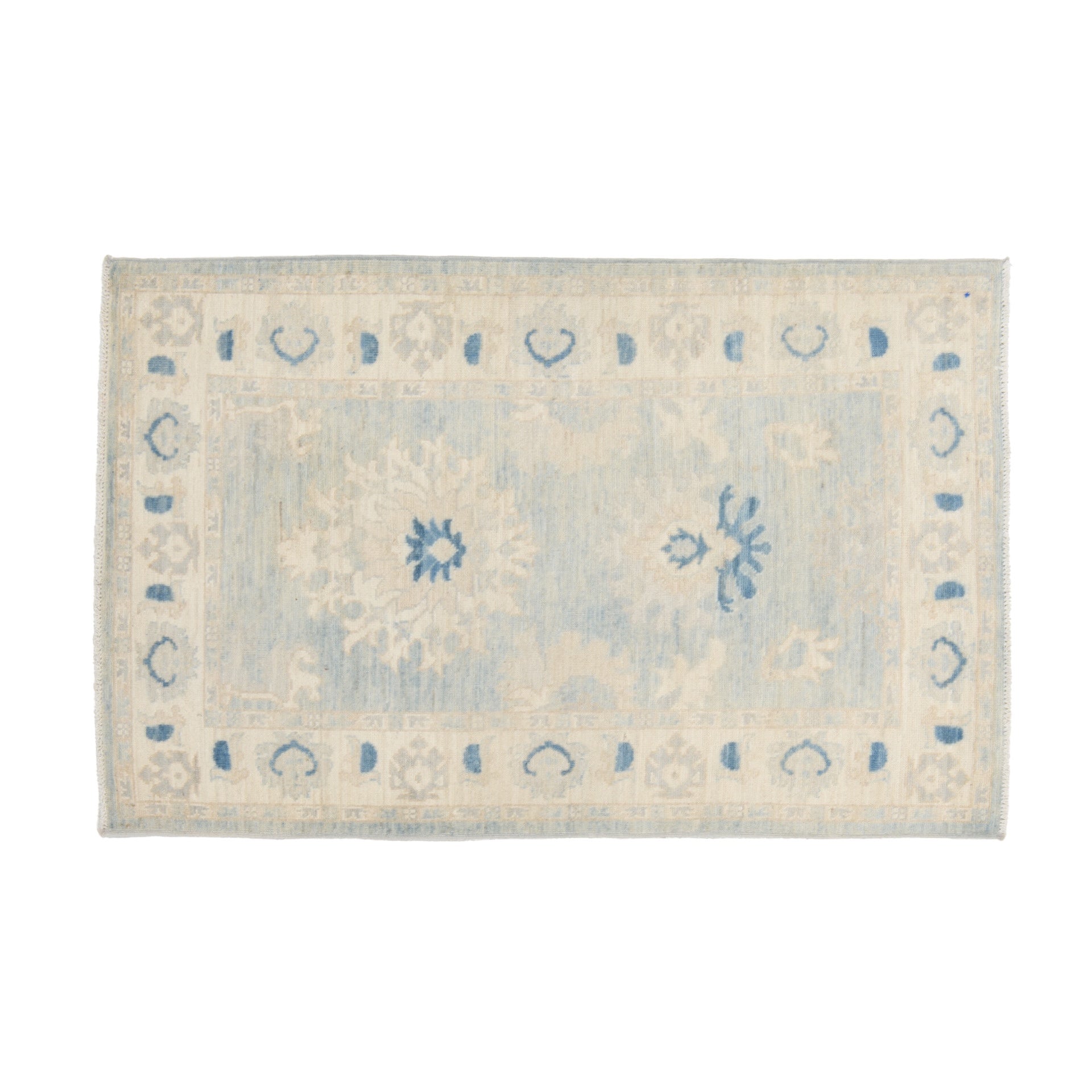 Coastal sea foam blue 3x5 Oushak accent rug with ivory floral medallions and medium blue border accents.