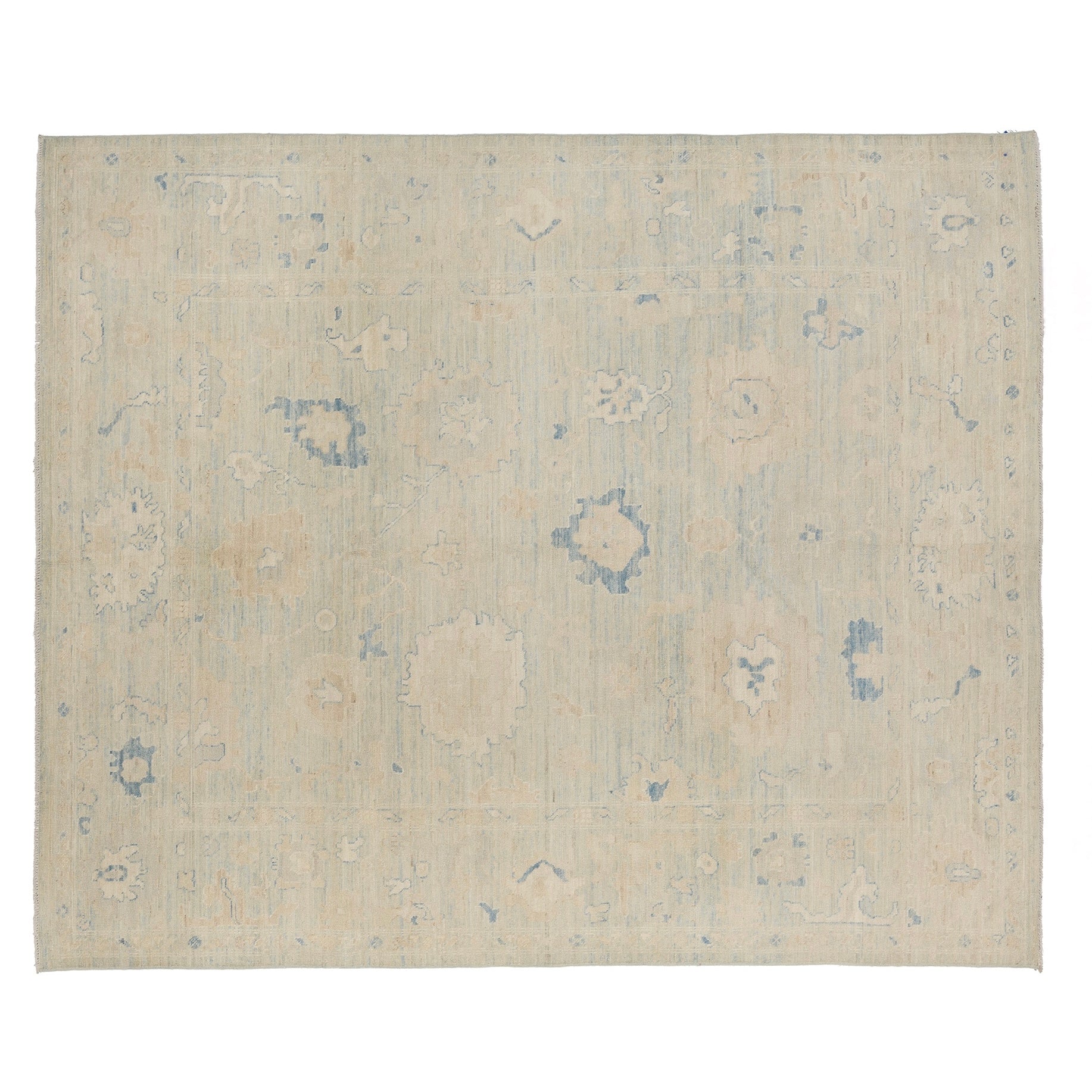 Ultra-faded light blue 8x10 Oushak area rug with cream floral motifs and deep blue accents.