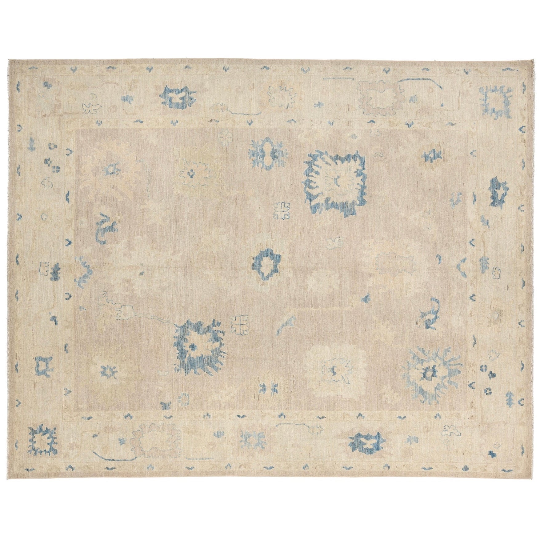 Ultra-faded cream and taupe 9x12 Oushak area rug with aqua blue star medallions and accent motifs.